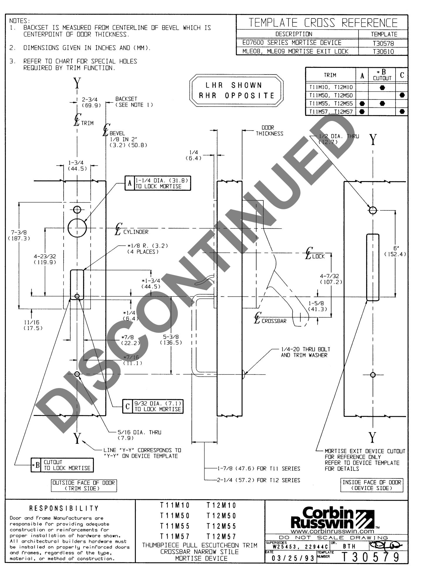 Corbin Russwin T11M10, T11M50, T11M55, T11M57, T12M10, T12M50, T12M55, T12M57 Trim, Functions for ED7600 Narrow S…_T30579 dia
