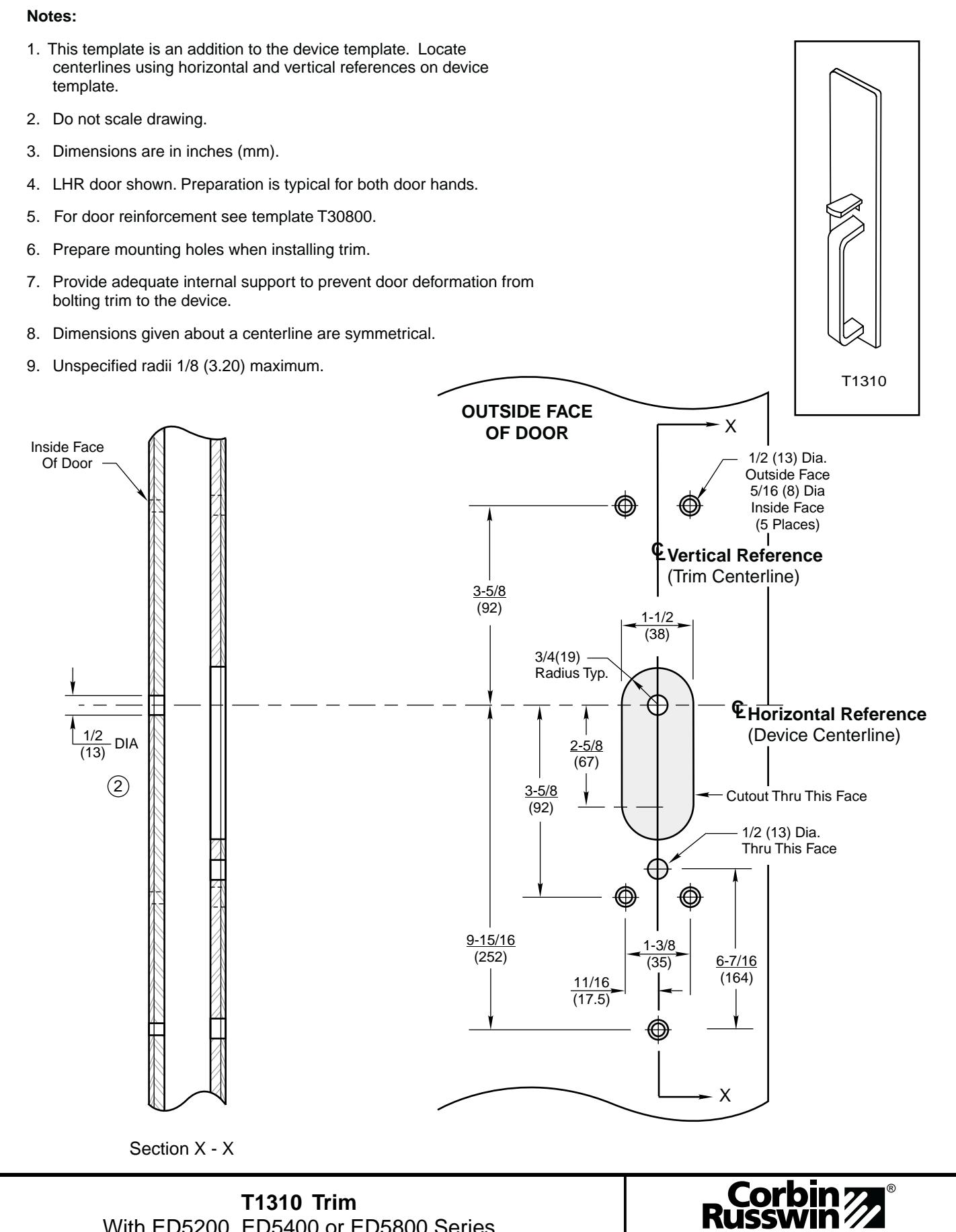 Corbin Russwin T1310 Trim for ED5200, ED5400, ED5800 Wide Stile Rim, CVR, SVR Metal Door Template_T30827 diagram on page 1