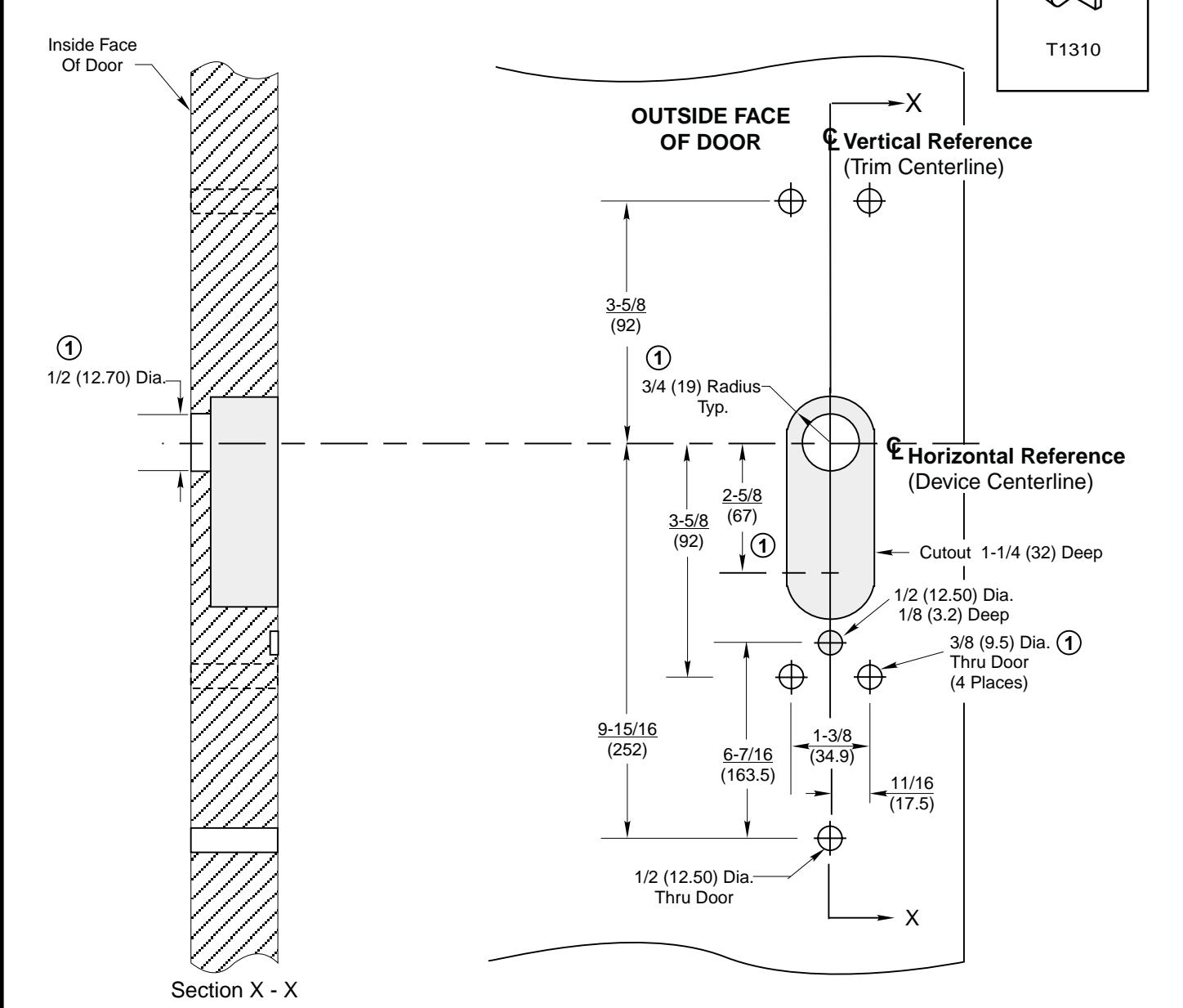 Corbin Russwin T1310 Trim for ED5200, ED5400, ED5800 Wide Stile Rim, CVR, SVR Wood or Composite Door Template_T30863 diagram 