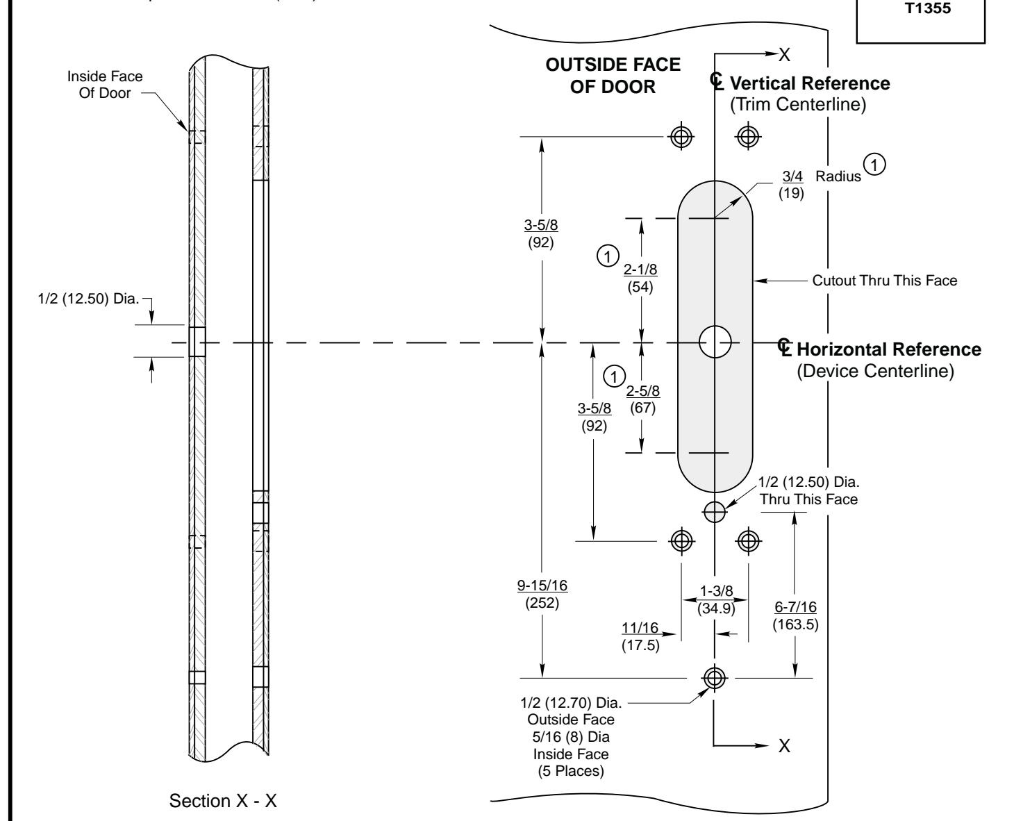 Corbin Russwin T1355 Trim for ED5200, ED5400, ED5800 Wide Stile Rim, CVR, SVR Metal Door Template_T30825 image on page 1