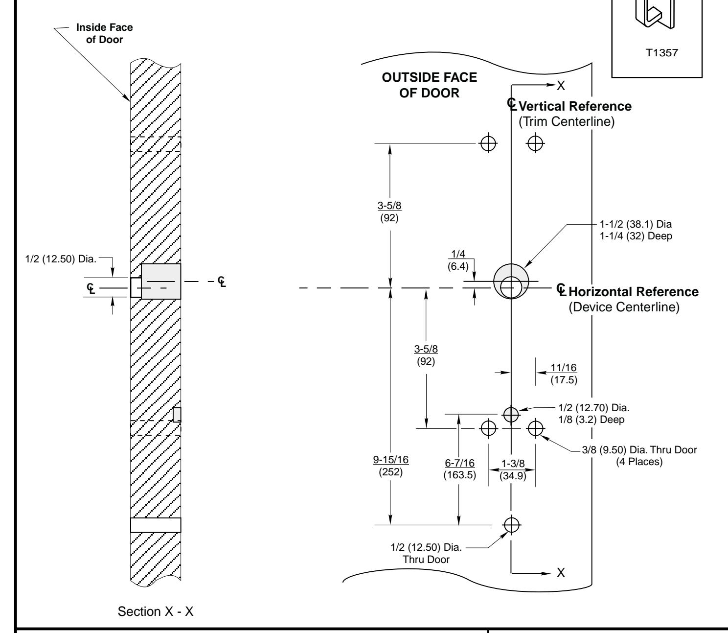 Corbin Russwin T1357 Trim for ED5200, ED5400, ED5800 Wide Stile Rim, CVR, SVR Wood or Composite Door Template_T30860 diagram 