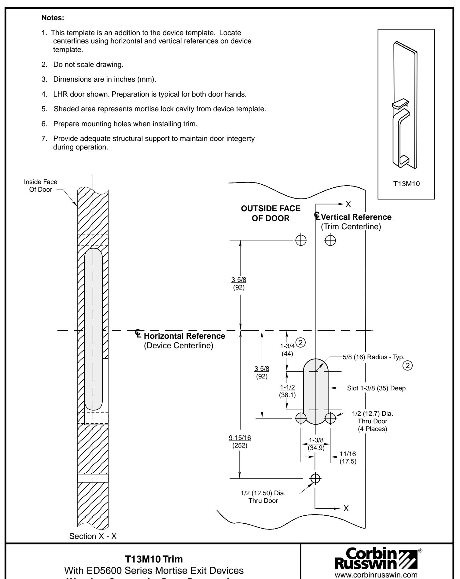 Corbin Russwin T13M10 Trim for ED5600 Wide Stile Mortise Wood or Composite Door Template_T30870 diagram on page 1