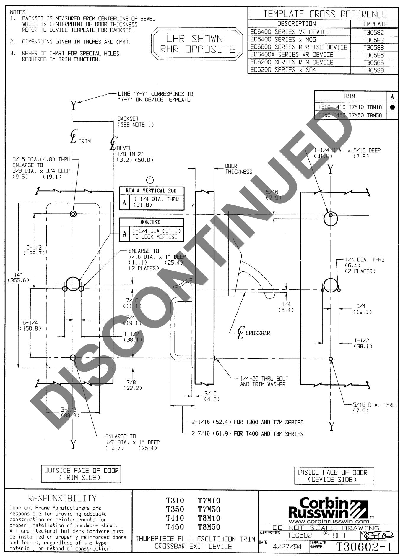 Corbin Russwin T310 and T450 Trim Template_T30602 diagram on page 1