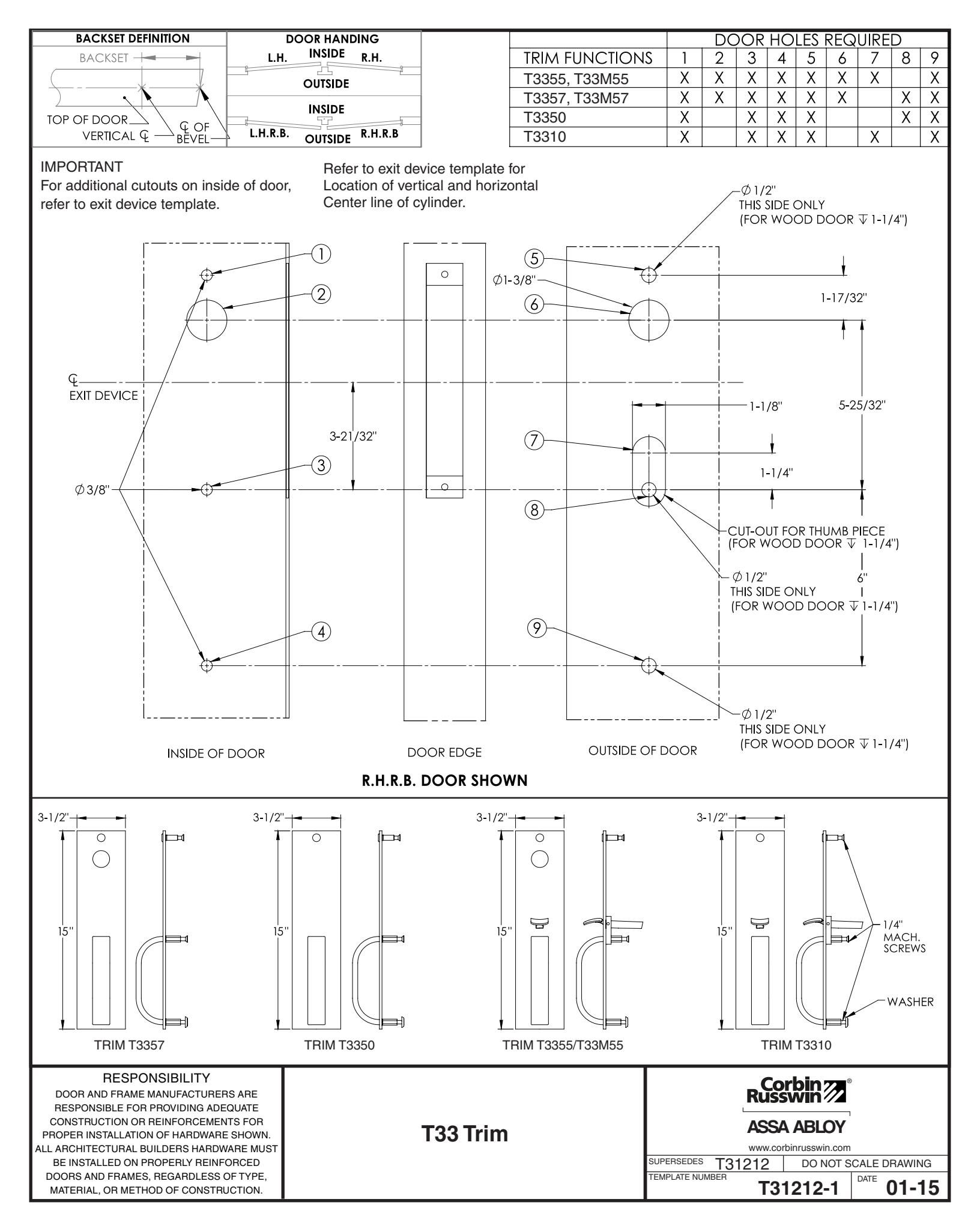 Corbin Russwin T33 Trim for ED3000, PED4000, and PED5000 Series Narrow and Wide Stile Template_T31212 diagram on page 1