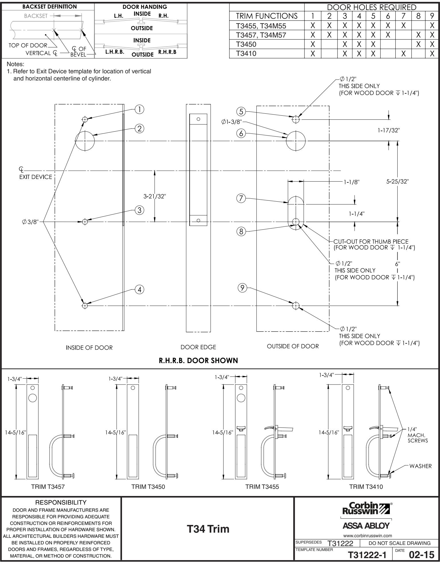 Corbin Russwin T34 Trim for ED3000, PED4000, and PED5000 Series Narrow and Wide Stile Template_T31222 diagram on page 1