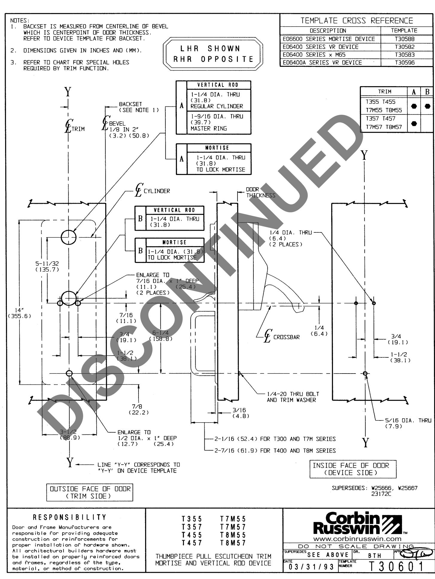 Corbin Russwin T355 and T457 Trim Template_T30601 diagram on page 1