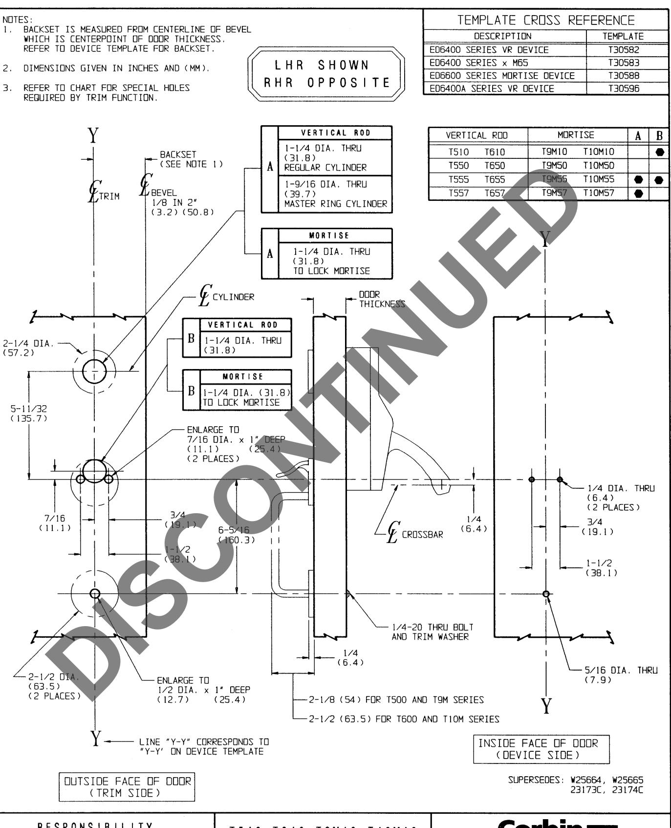 Corbin Russwin T9M10 and T10M57 Trim Template_T30585 diagram on page 1
