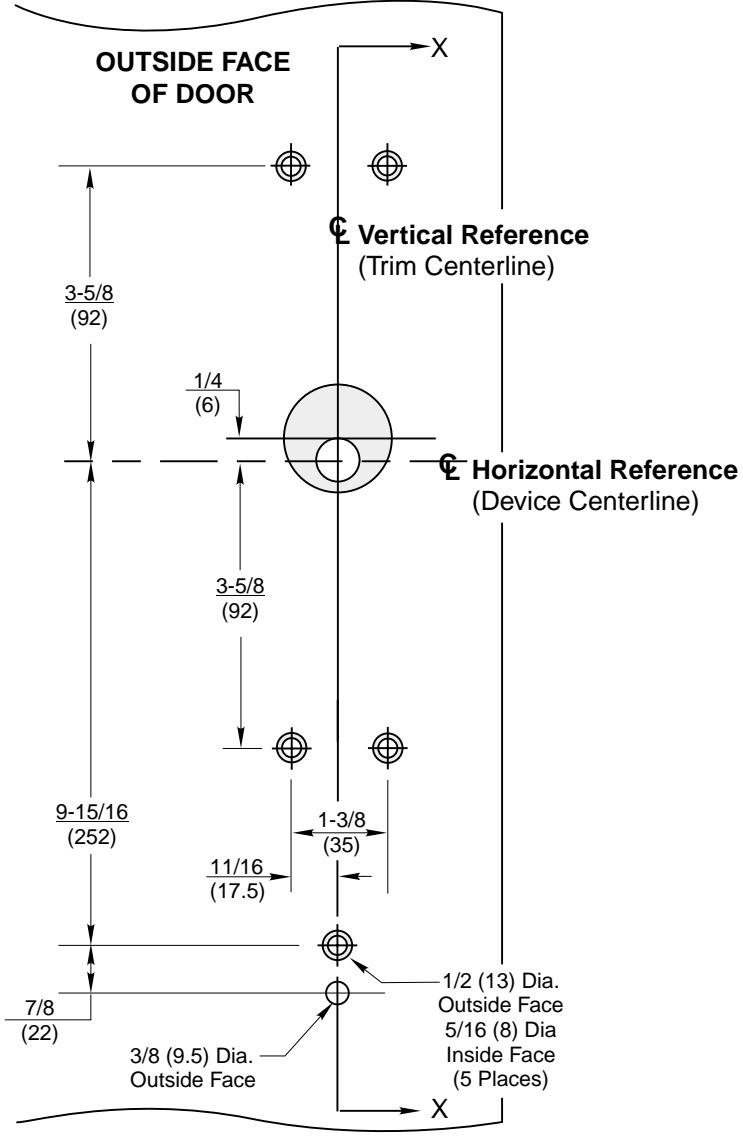 Corbin Russwin TH957 Trim for ED5200, ED5400, ED5800 Wide Stile Rim, CVR, SVR Metal Door Template_T31014 diagram on page 1
