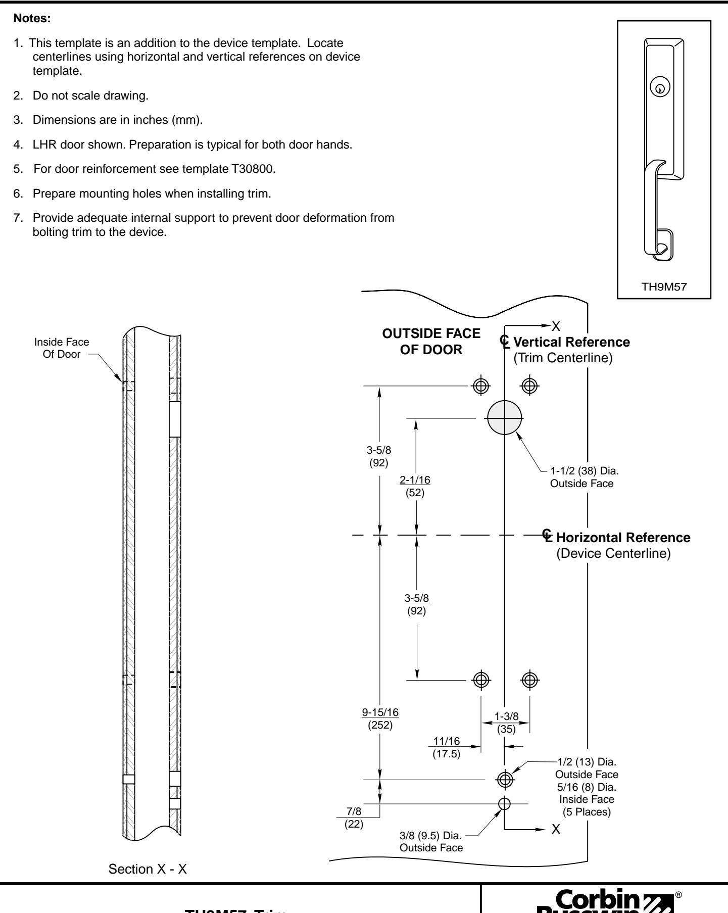 Corbin Russwin TH9M57 Trim for ED5600 Wide Stile Mortise Metal Door Template_T31040 diagram on page 1