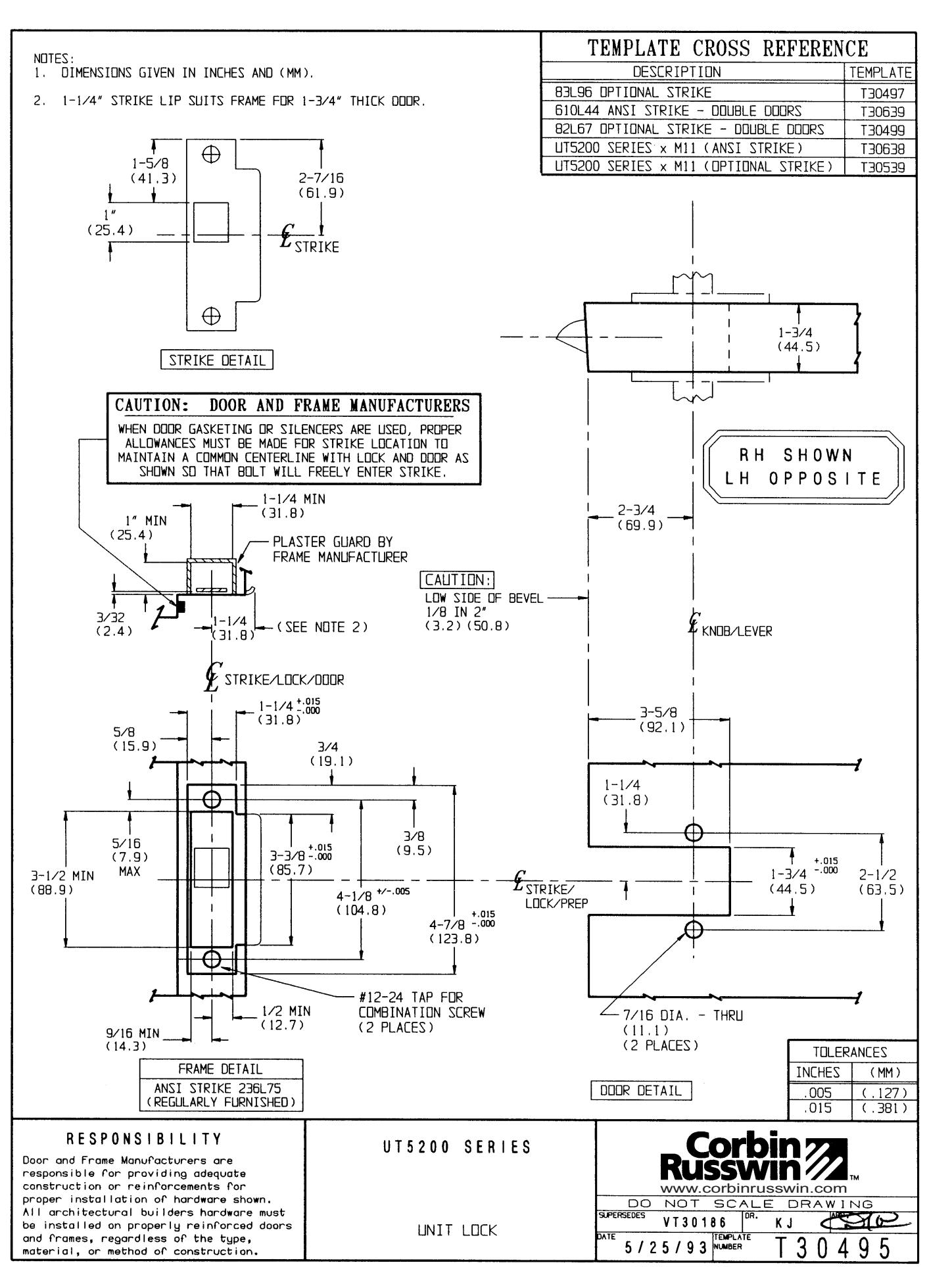 Corbin Russwin UT5200 Series Unit Locks Template_T30495 diagram on page 1