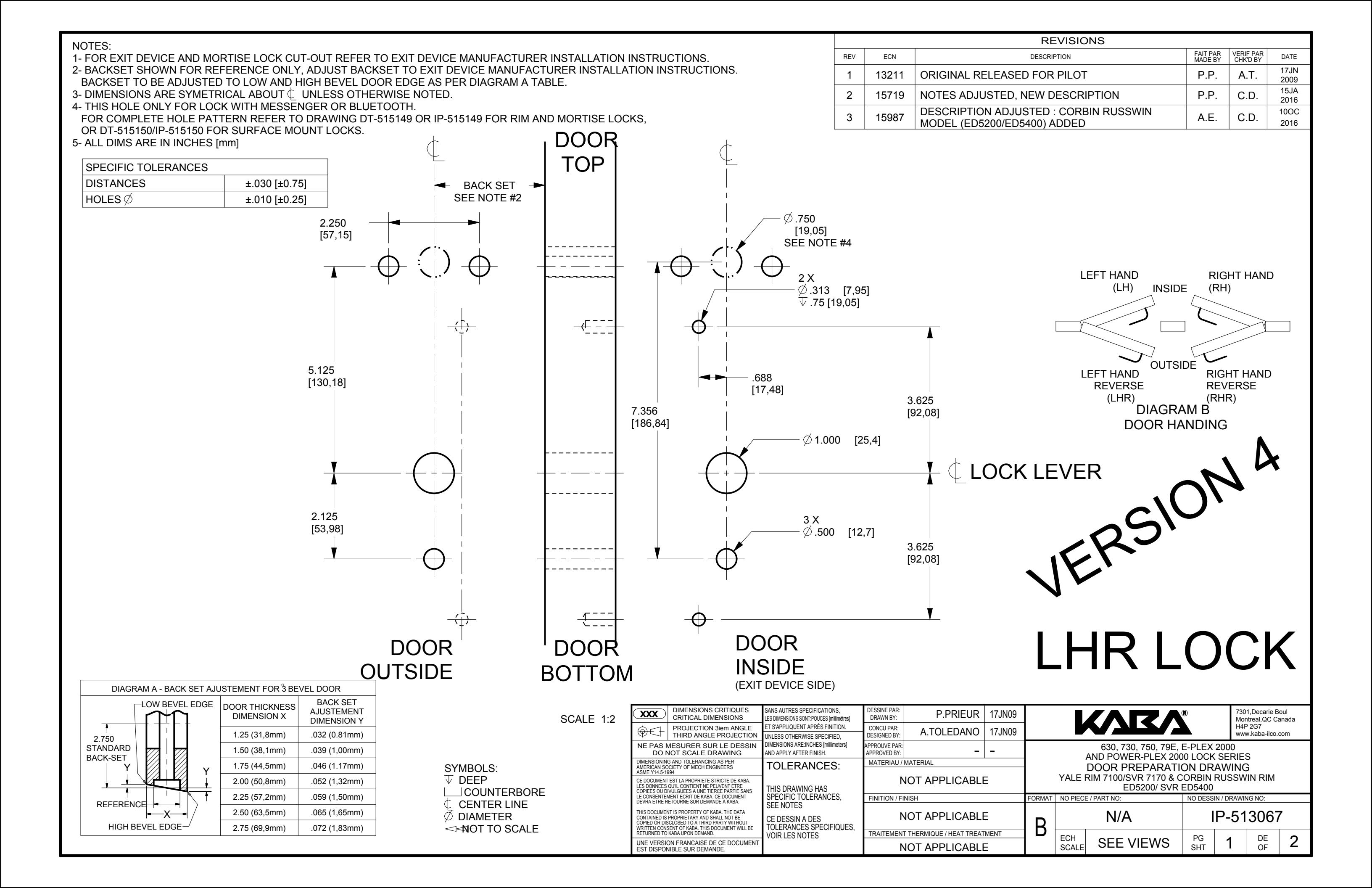 EPlex 2000 Door Preparation Drawing Yale Rim 7100, Yale SVR 7170, Corbin Russwin Rim ED5200, SVR ED5400 (IP-513067 v4) diagra