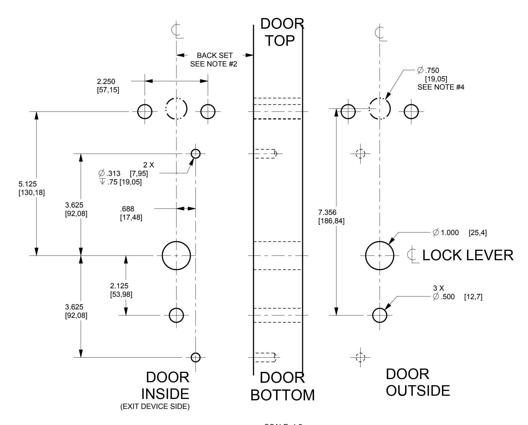 EPlex 2000 Door Preparation Drawing Yale Rim 7100, Yale SVR 7170, Corbin Russwin Rim ED5200, SVR ED5400 (IP-513067 v4) diagra