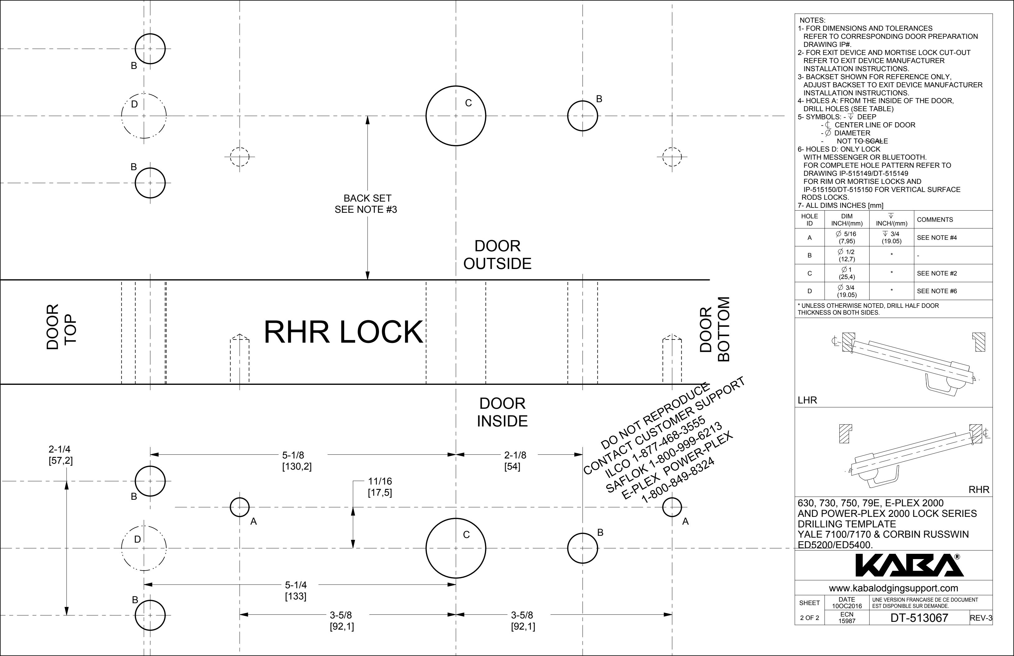 EPlex 2000 Drilling Template Yale 7100, 7170, Corbin Russwin ED5200, ED5400 (DT-513067 Rev3) diagram on page 2