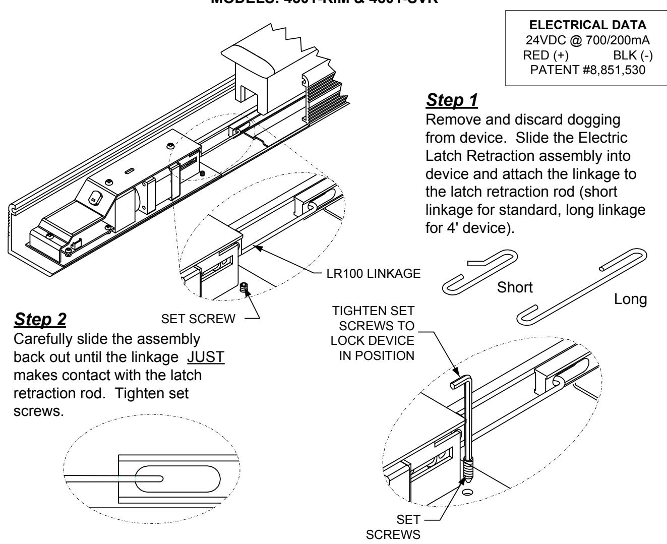 INSTALLATION INSTRUCTIONS LR100HK Hager ELECTRIC LATCH RETRACTION DEVICE KIT MODELS 4501-RIM & 4501-SVR diagram on page 1