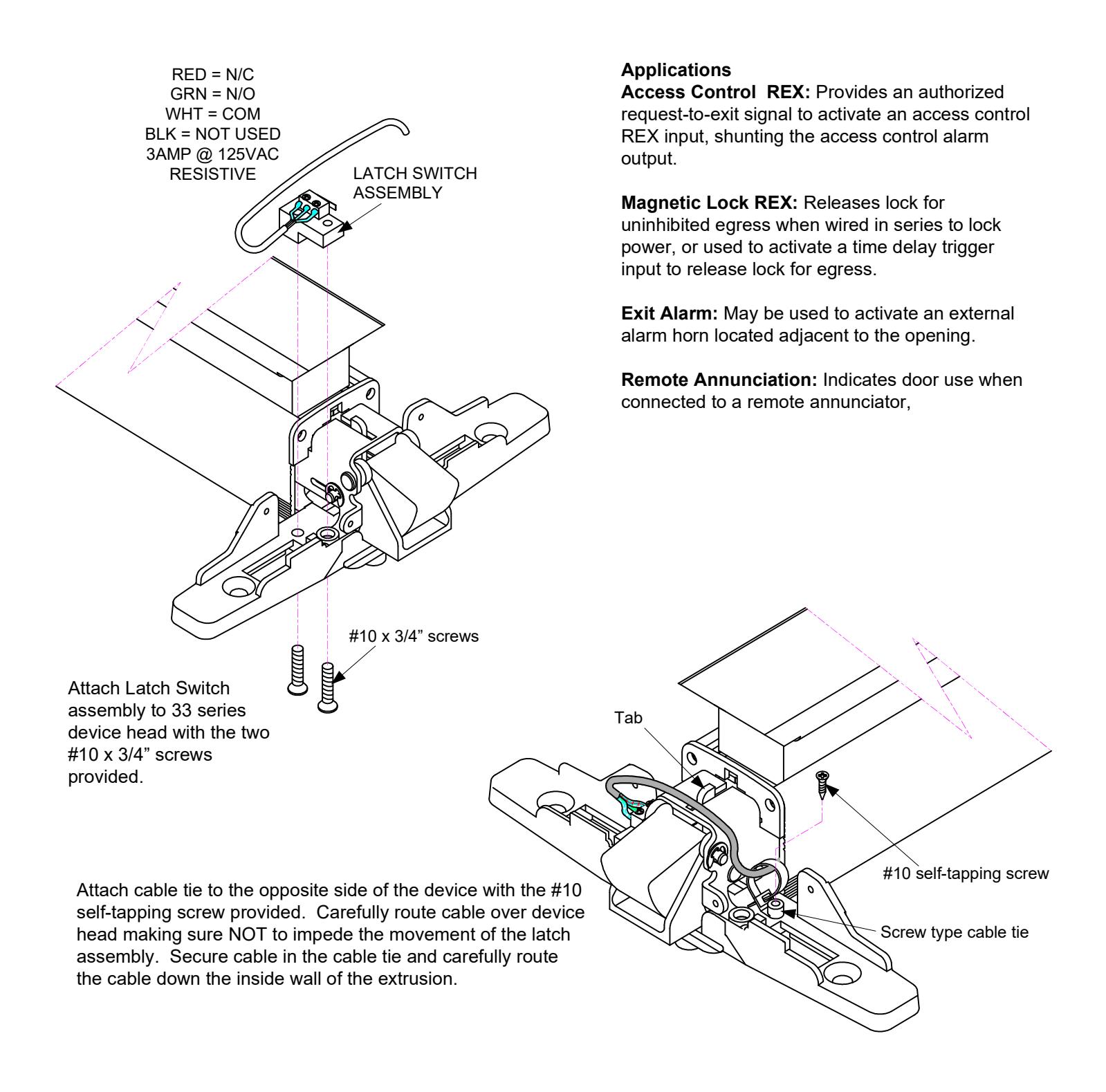 INSTALLATION INSTRUCTIONS LRVD2L LATCH STATUS SWITCH KIT VON DUPRIN 33-35 RIM ONLY diagram on page 1