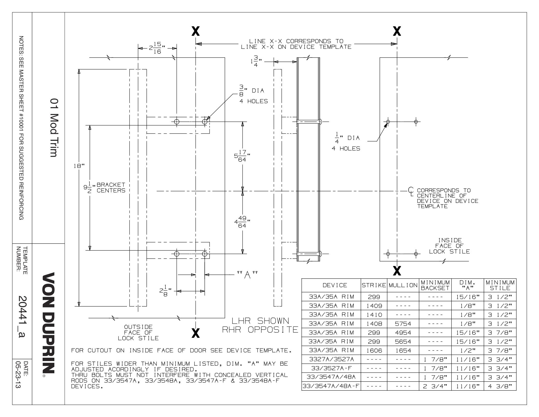 Von Duprin 01 Mod Trim Template diagram on page 1