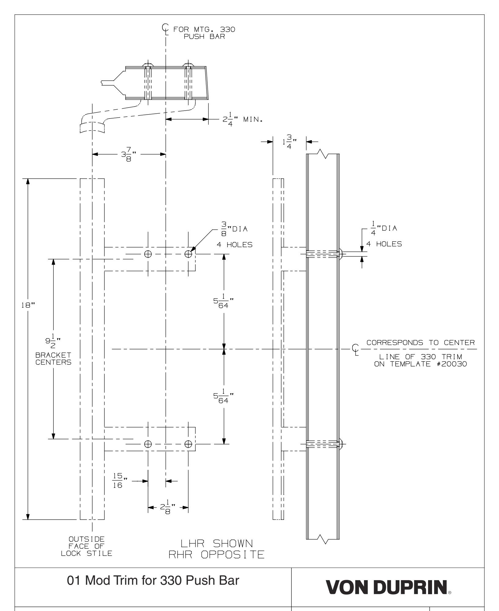 Von Duprin 01 Mod Trim for Back to Back Mount with 330 Push Bar Template diagram on page 1