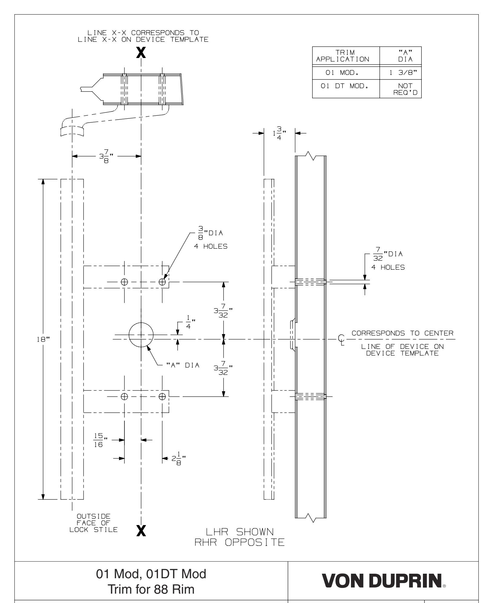 Von Duprin 01 Modified Trim Used with 88DT, 88NL, 88NL-F For Metal Applications Template diagram on page 1