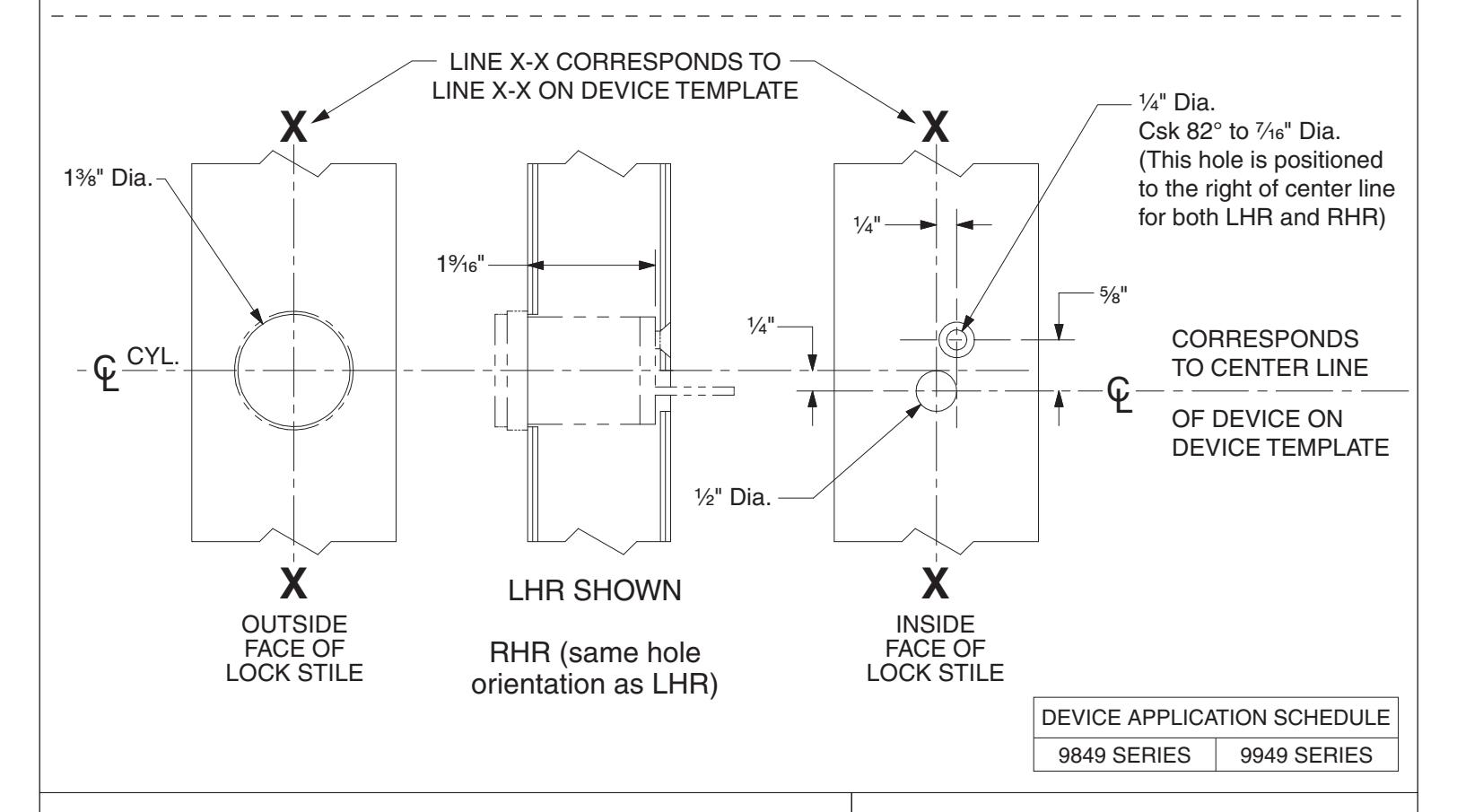Von Duprin 110NL Cylinder Assembly For 98 and 99 Series Exit Device Metal Door Template diagram on page 1