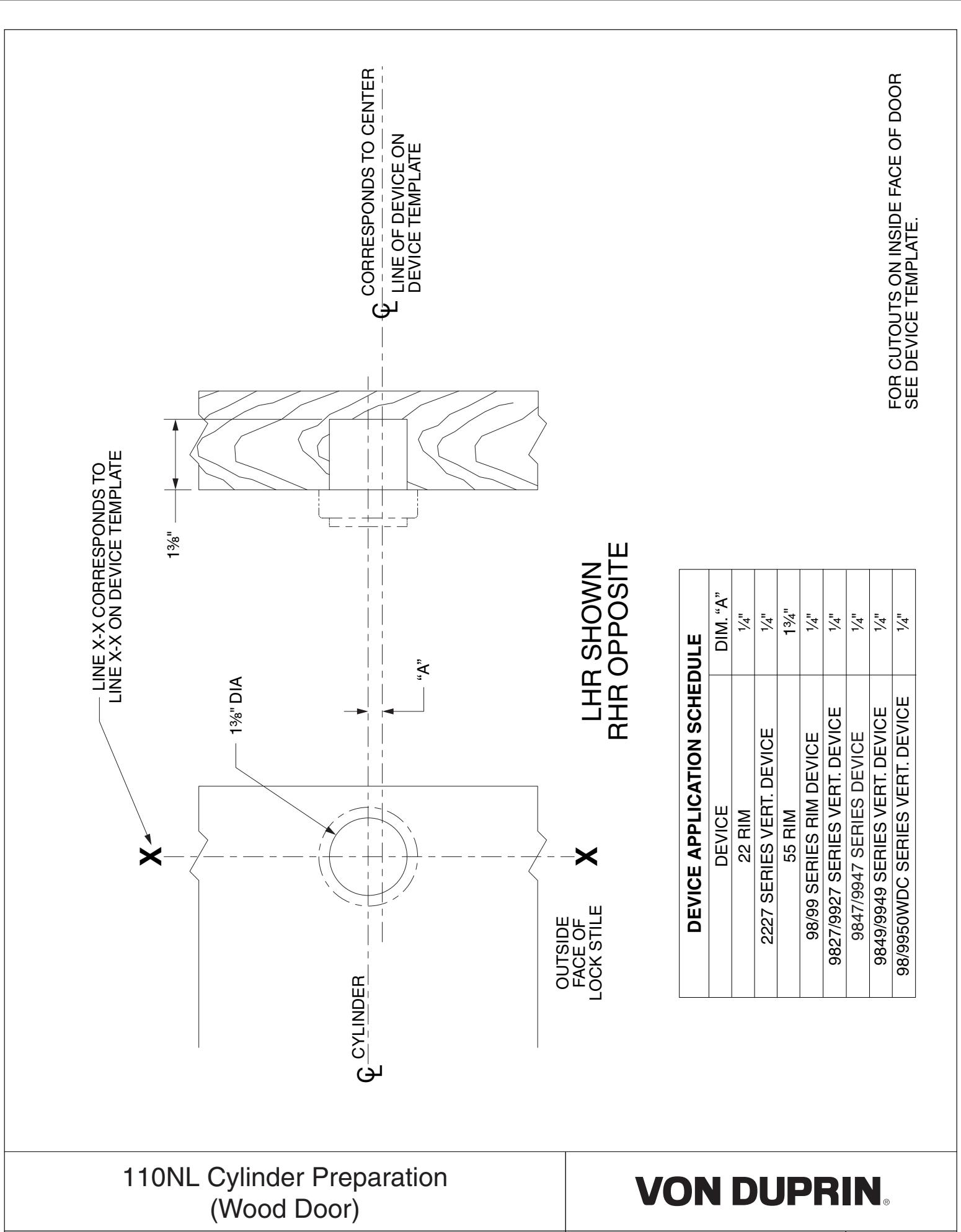 Von Duprin 110NL Cylinder Assembly For 98 and 99 Series Trim Wood Door Template diagram on page 1