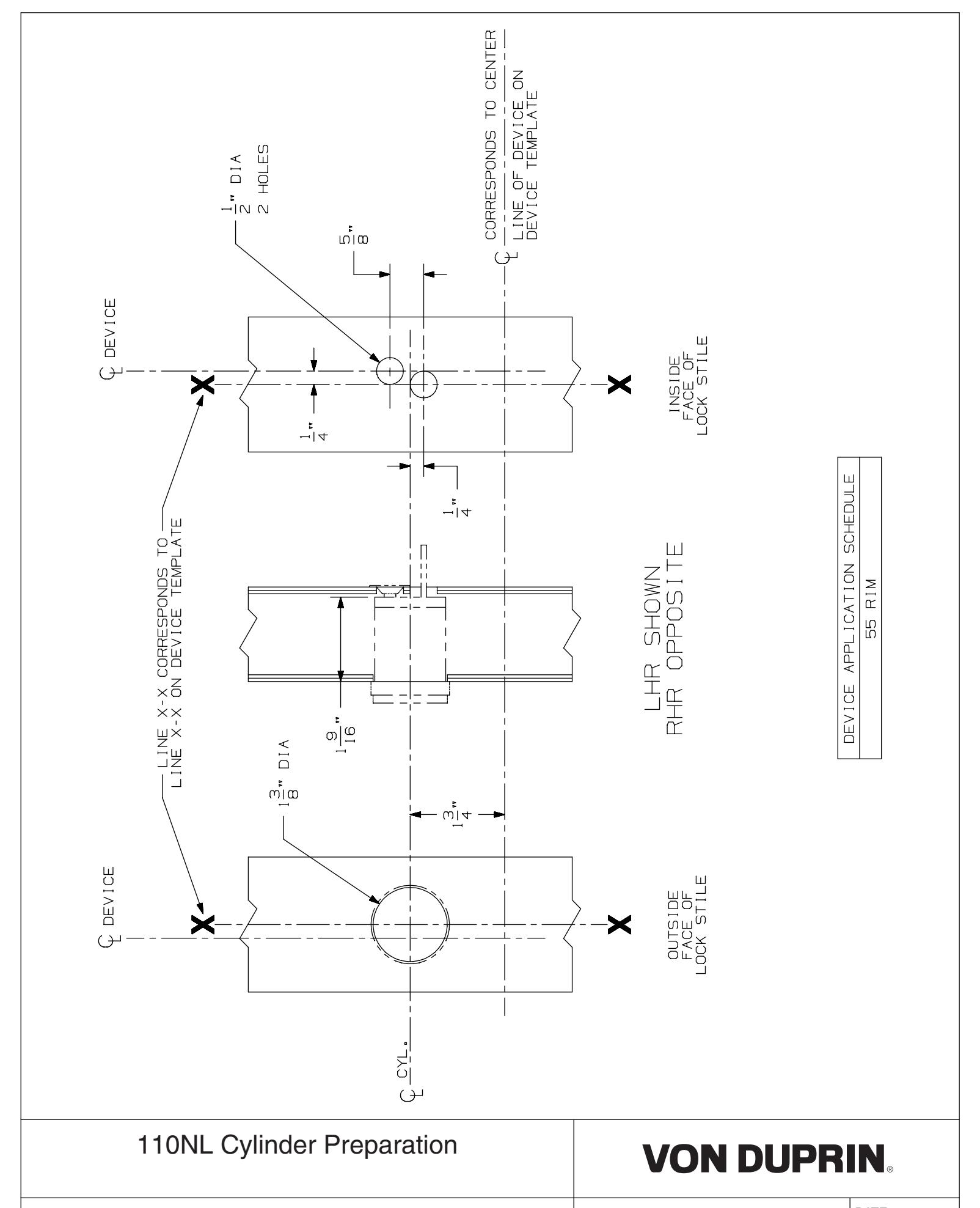 Von Duprin 110NL Cylinder Assembly Used With 55NL Less Trim For Metal Doors Template diagram on page 1