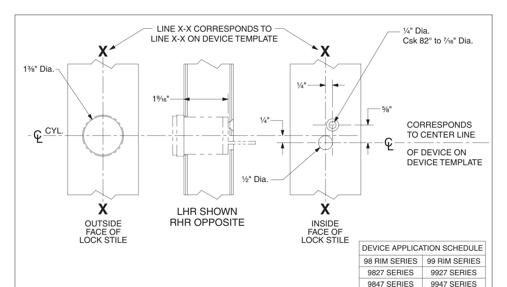 Von Duprin 110NL Cylinder Preparation for Hollow Metal Door Template diagram on page 1
