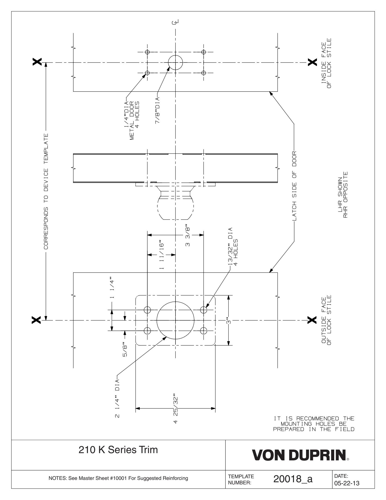 Von Duprin 210 K Series Trim for Hollow Metal Door Template diagram on page 1