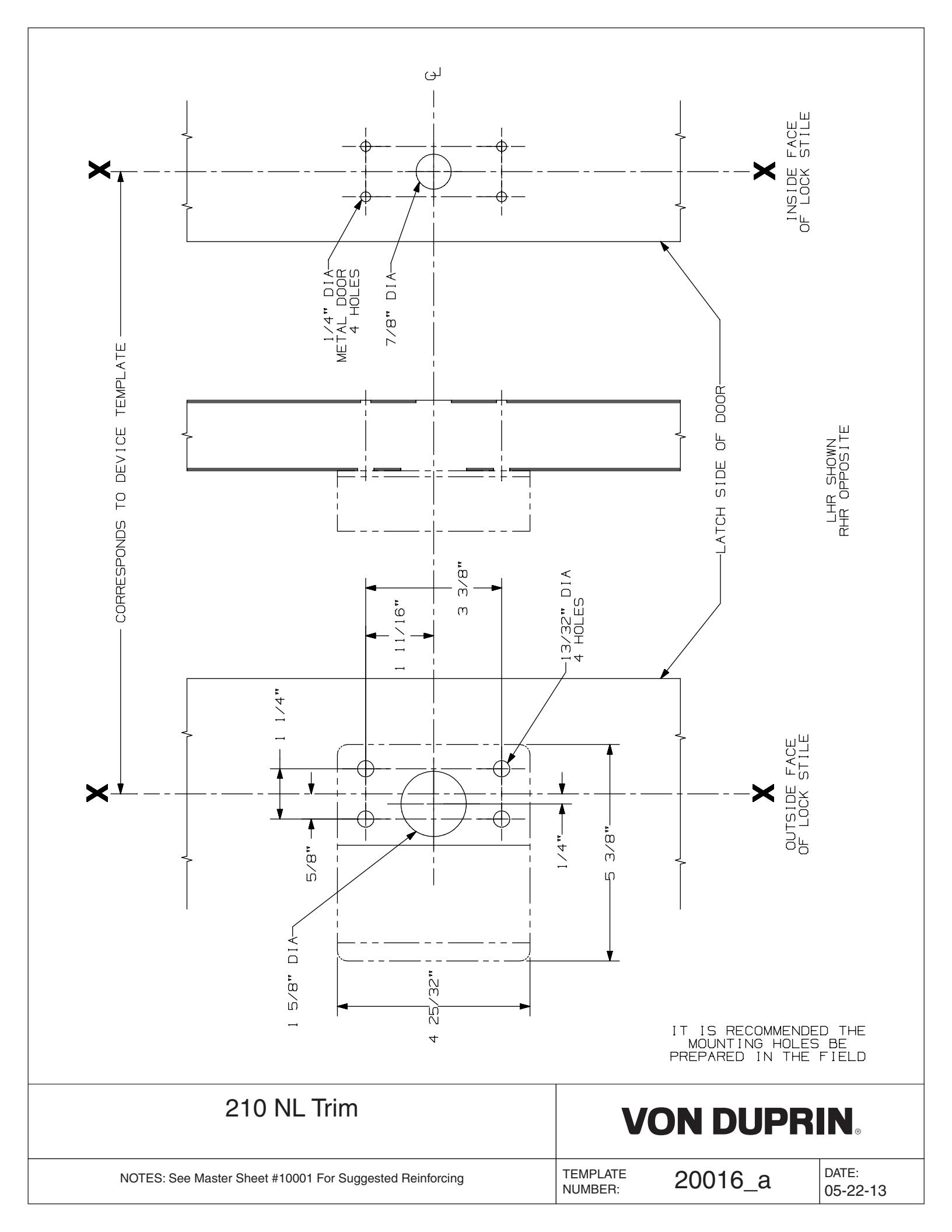 Von Duprin 210 NL Trim for Hollow Metal Door Template diagram on page 1
