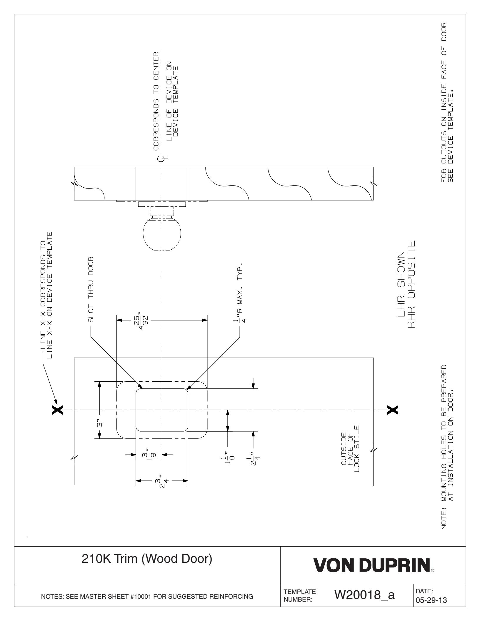 Von Duprin 210K Trim Wood Door Template diagram on page 1