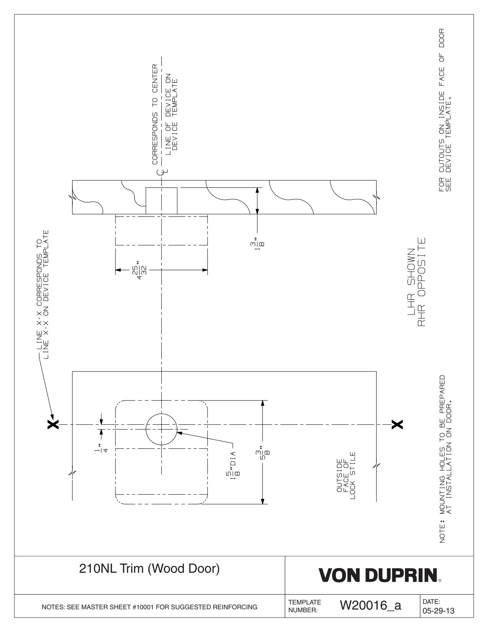 Von Duprin 210NL Trim Wood Door Template diagram on page 1