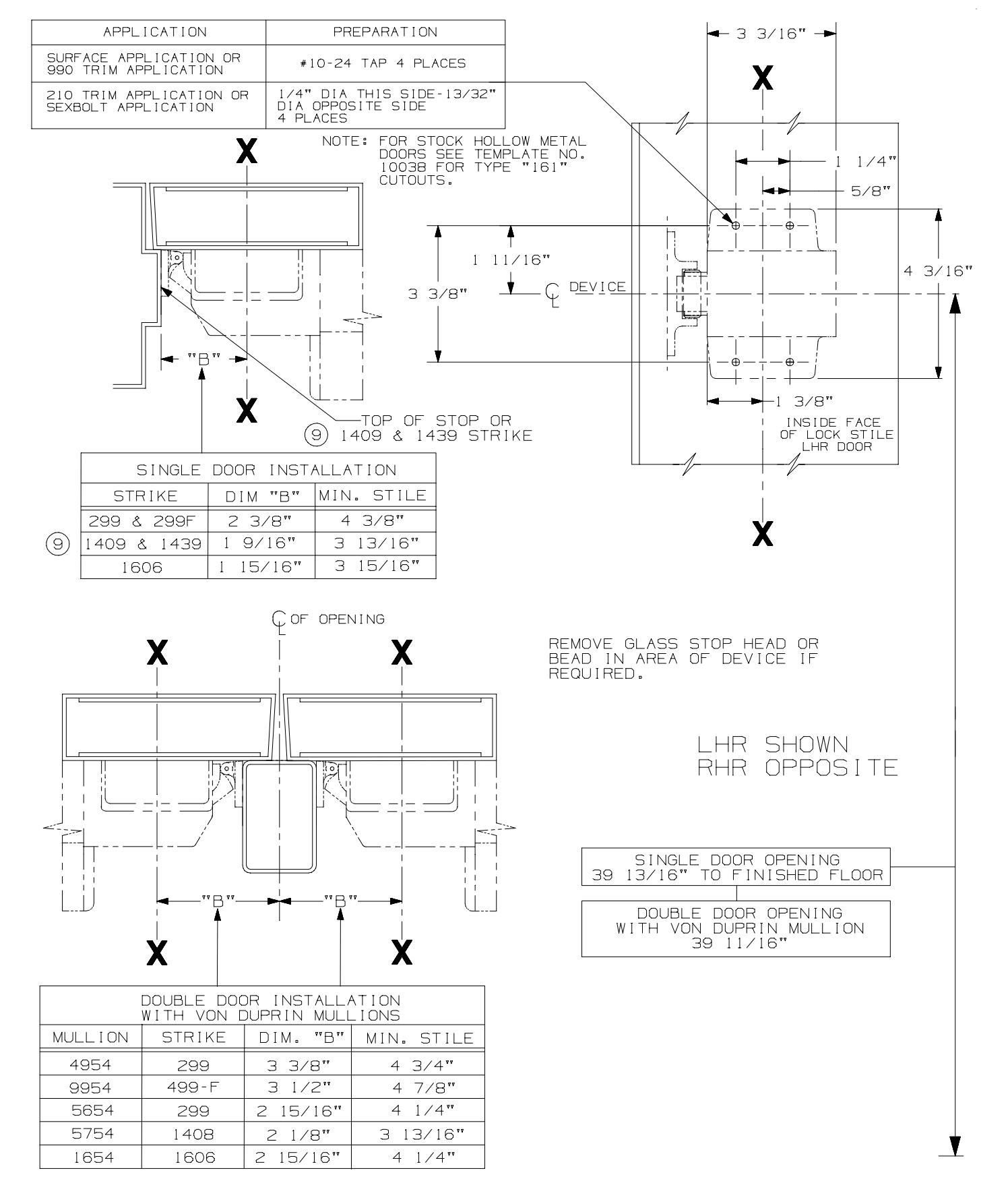 Von Duprin 22-F Series Fire Rated Rim Device – 22 EO, DT, & EO-F – For Hollow Metal Applications Template diagram on page 1