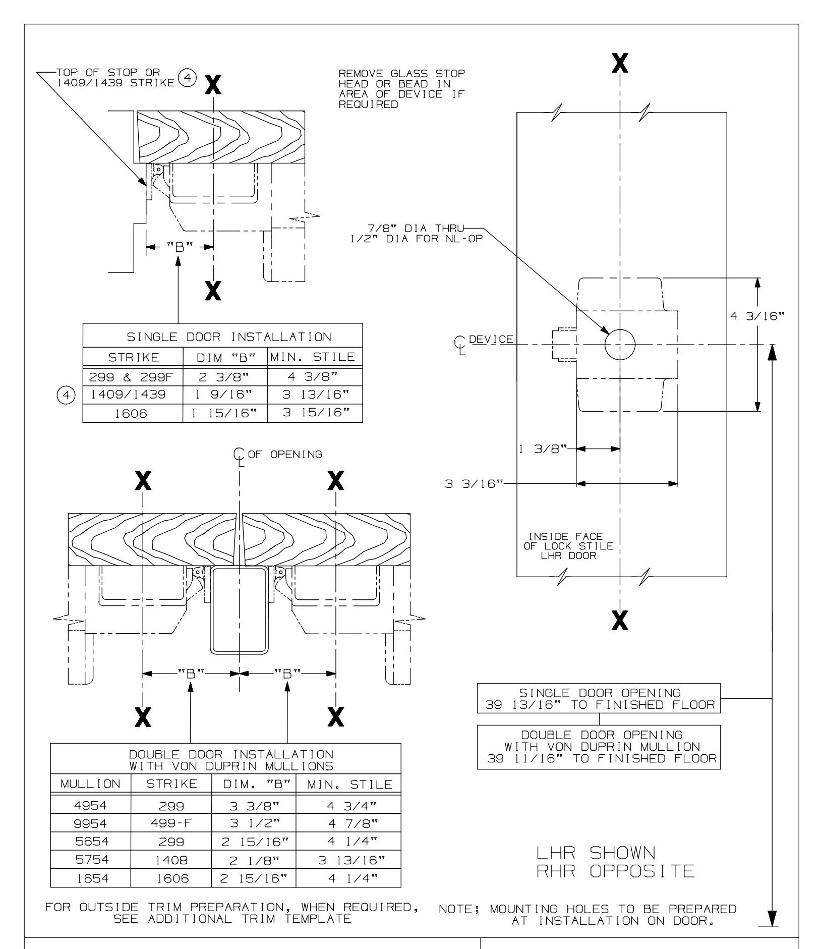 Von Duprin 22-F Series Fire Rim Device Wood Door Template diagram on page 1