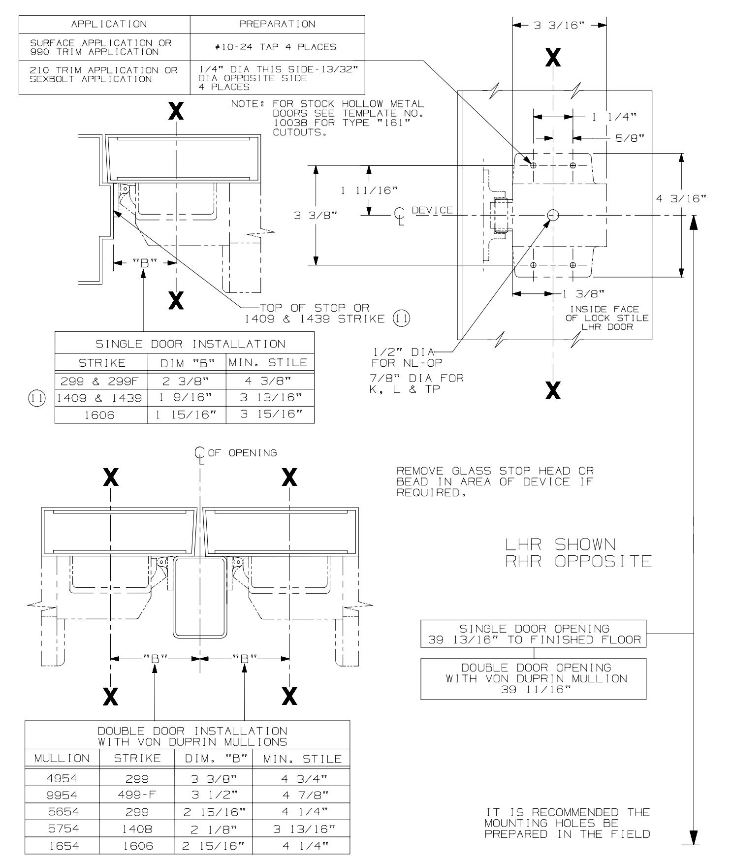Von Duprin 22 Series Rim Device – 22 NL, K, L, TP, NL-F, K-F, L-F, & TP-F Series – For Hollow Metal Applications Template dia