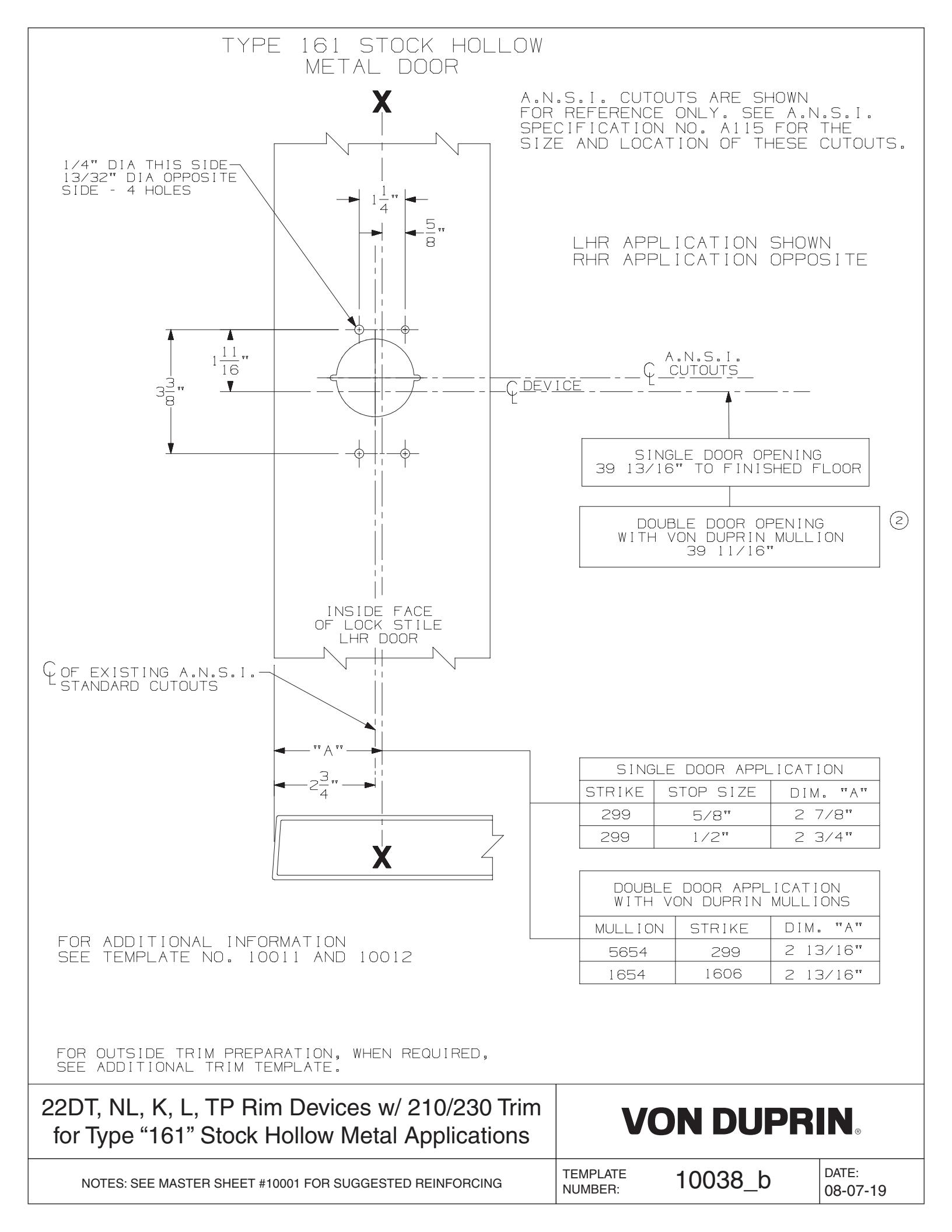 Von Duprin 22 Series Rim Device For Hollow Metal (161 Door Prep) Applications Template diagram on page 1