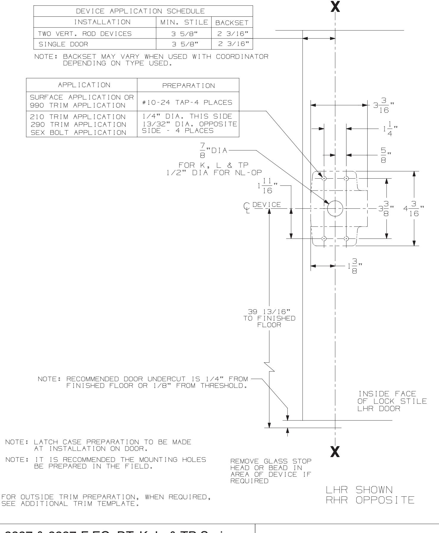 Von Duprin 2227 Series SVR Device – 2227 & 2227-F EO, DT, K, L, & TP Series – For Hollow Metal Applications Template diagram 