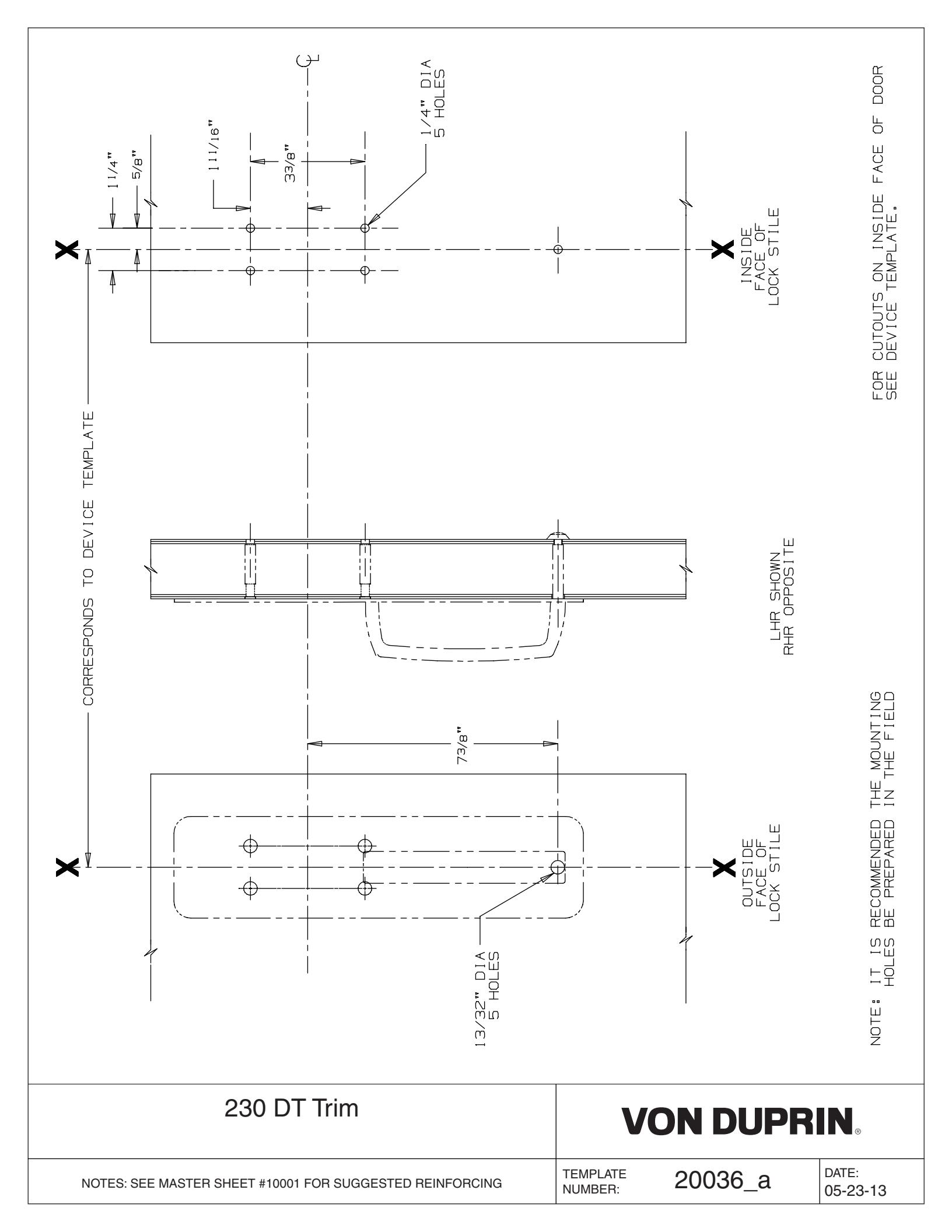 Von Duprin 230 DT Trim for Hollow Metal Door Template diagram on page 1