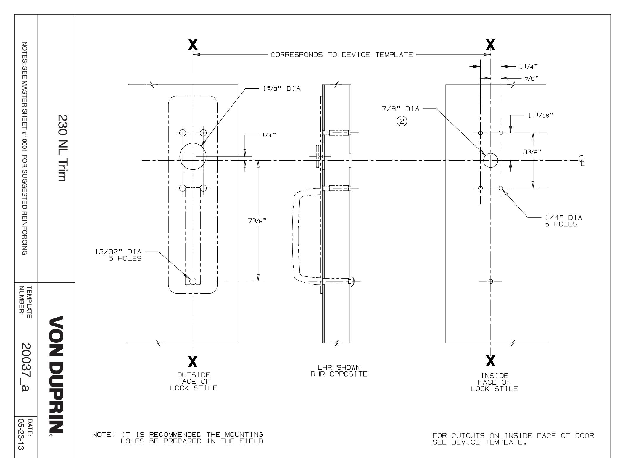Von Duprin 230 NL Trim for Hollow Metal Door Template diagram on page 1