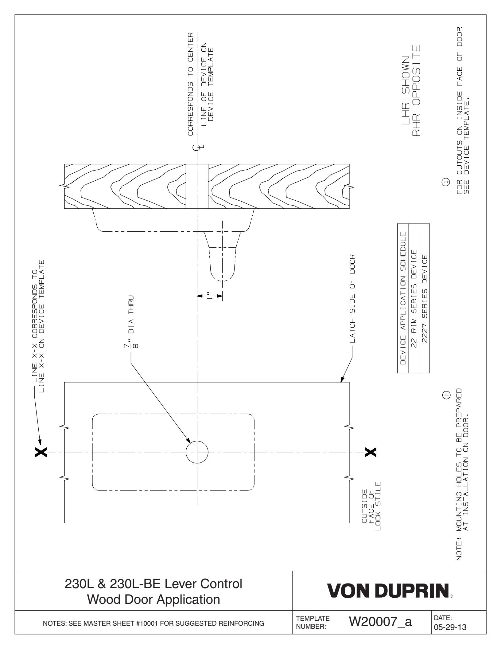 Von Duprin 230L & 230L-BE Lever Control Wood Door Template diagram on page 1