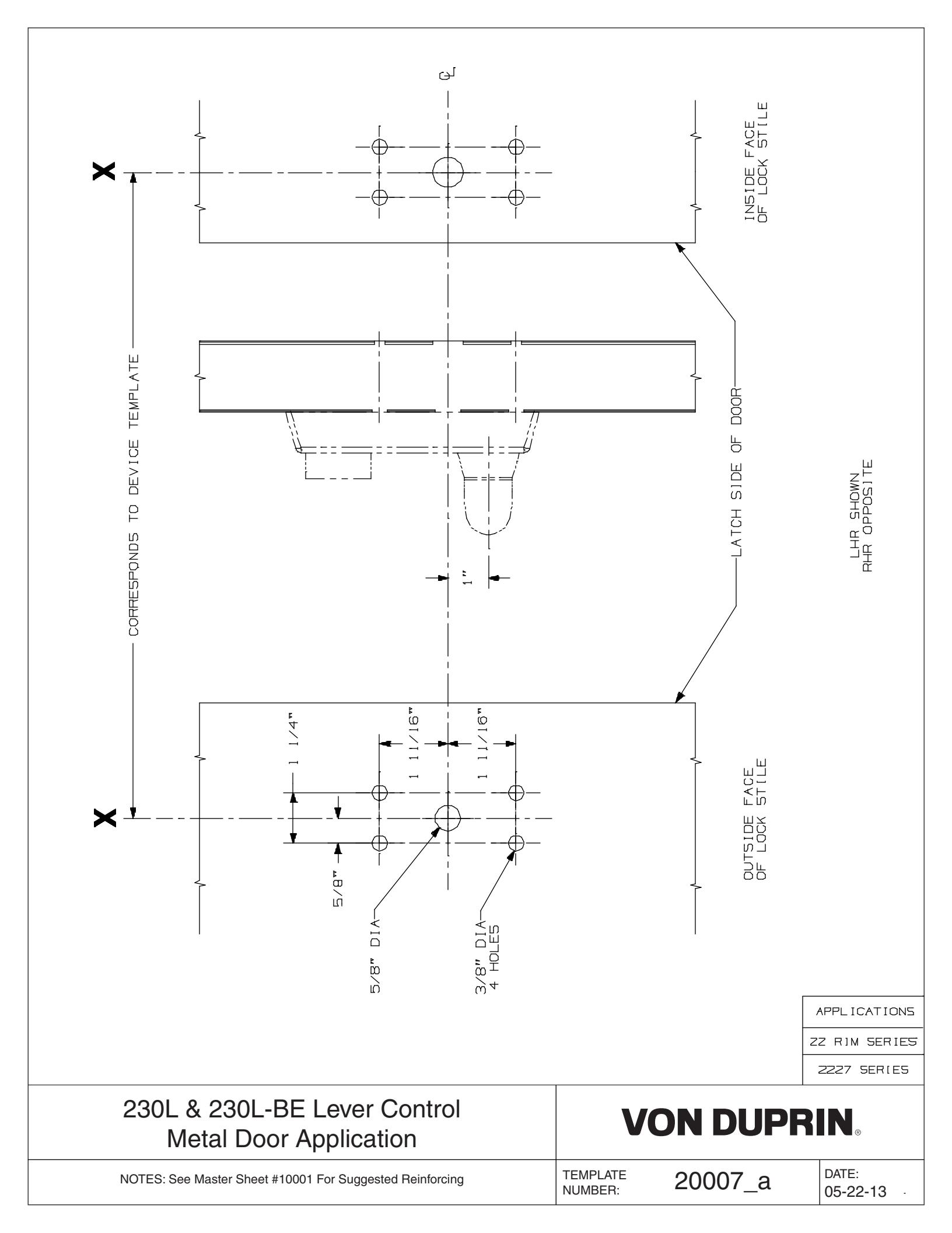 Von Duprin 230L & 230L-BE Lever Control for Hollow Metal Door Template diagram on page 1