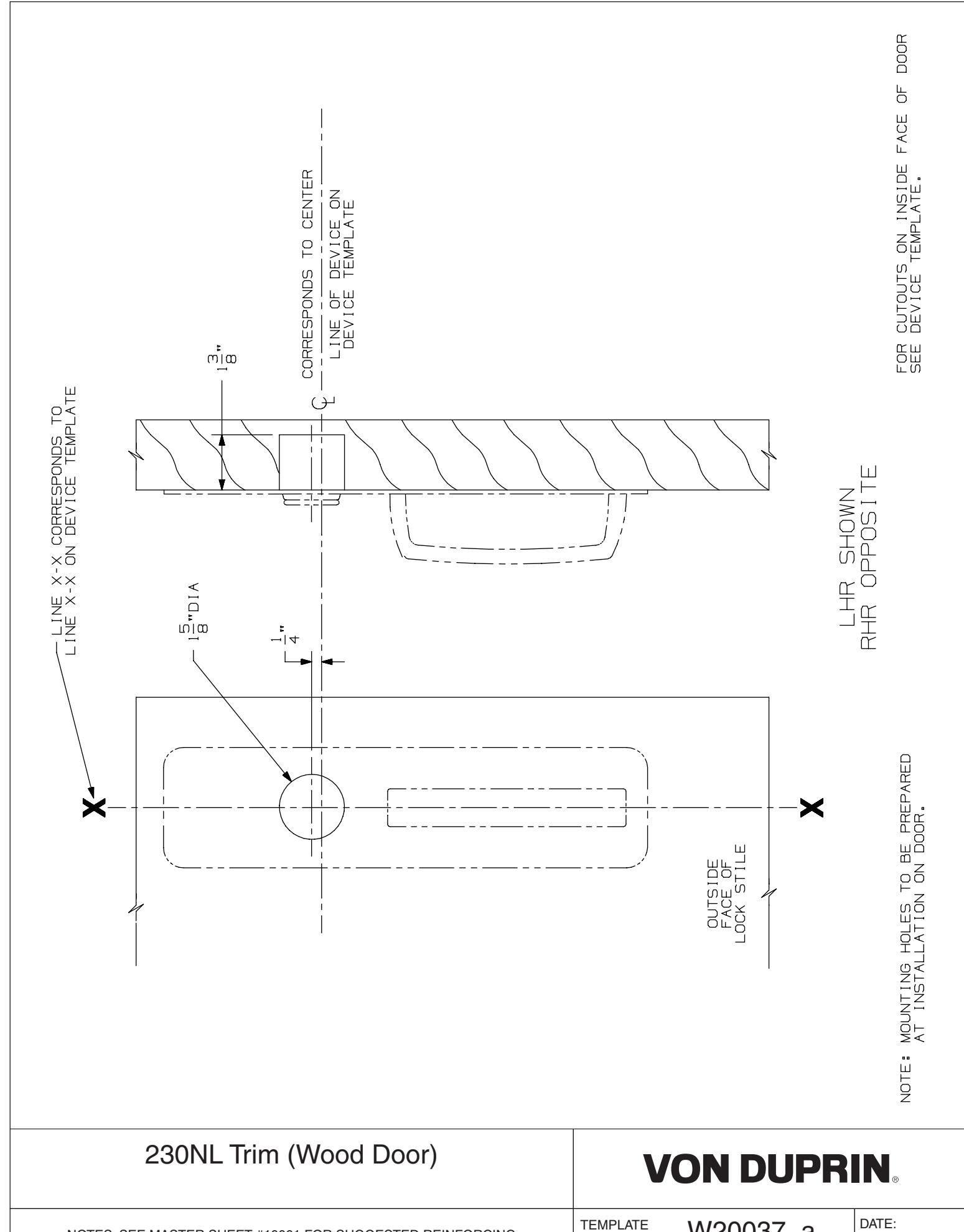 Von Duprin 230NL Trim Wood Door Template diagram on page 1