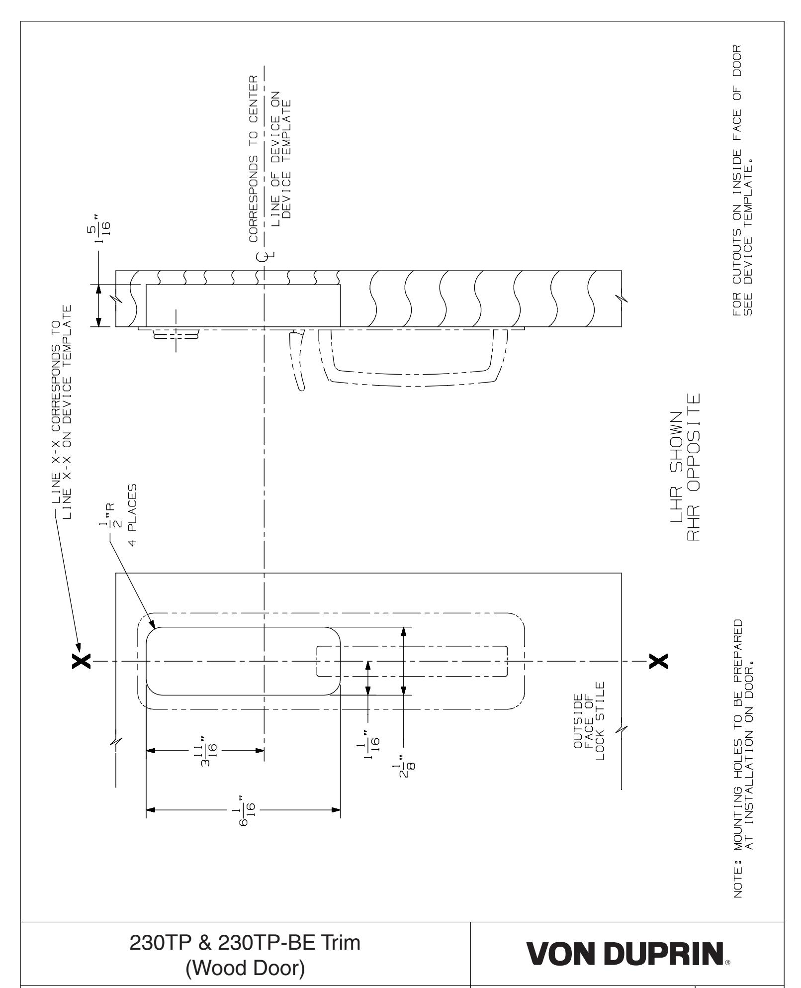 Von Duprin 230TP & 230TP-BE Trim Wood Door Template diagram on page 1