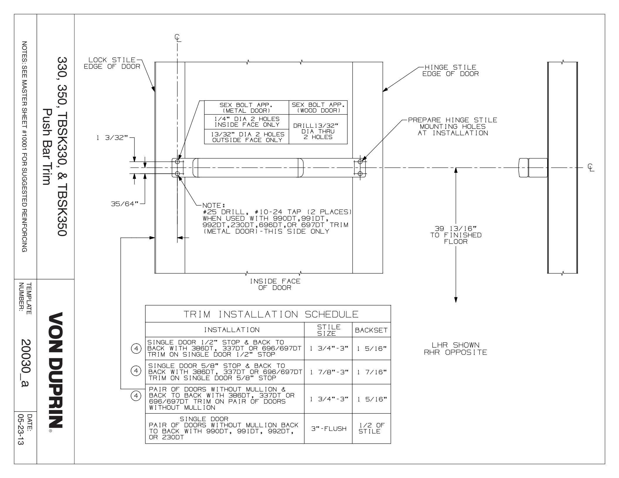 Von Duprin 330 & 350 Push Bar Trim Metal Door Template diagram on page 1