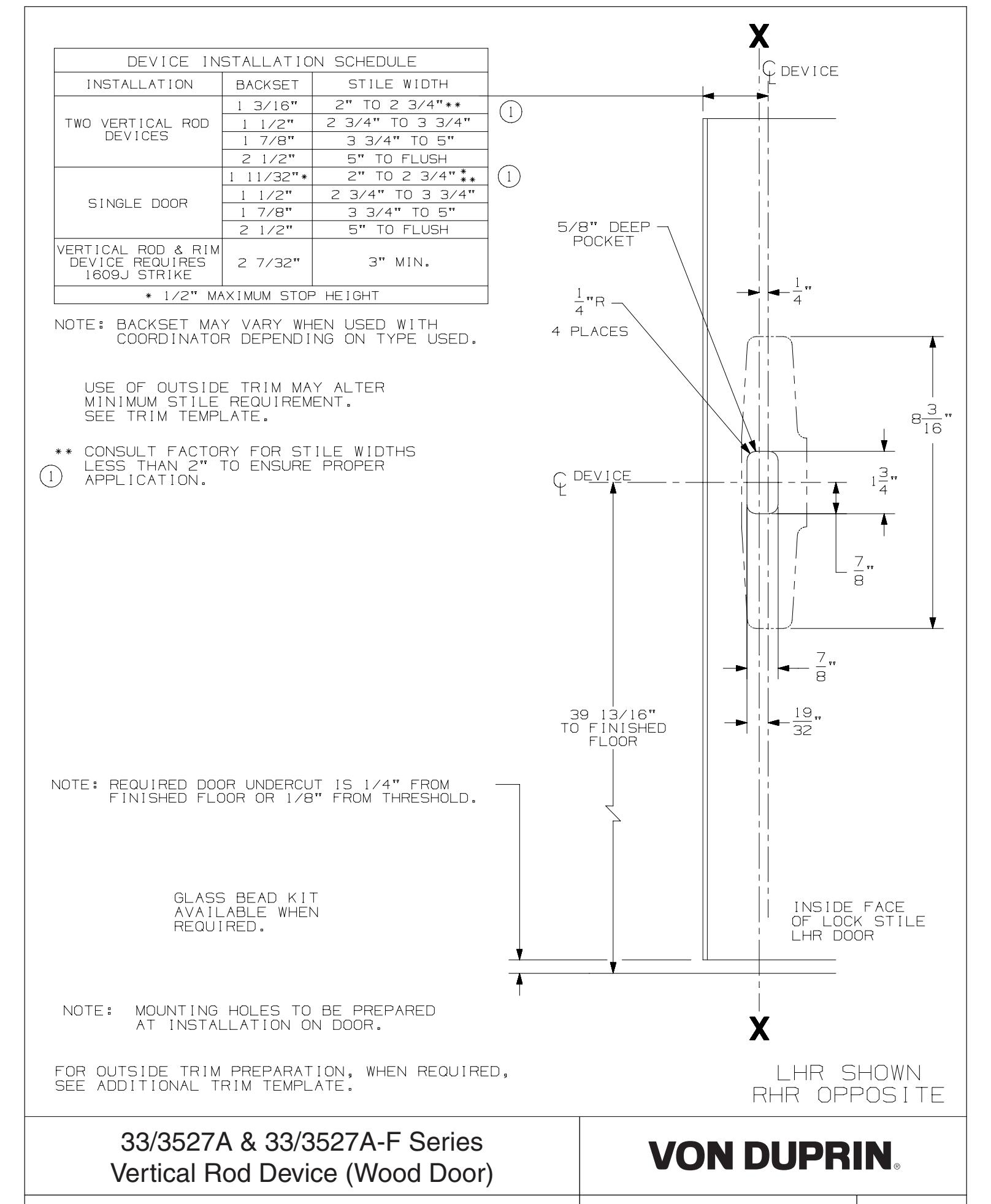 Von Duprin 3327A, 3527A, 3327A-F, 3527A-F Series Vertical Rod Device Wood Door Template diagram on page 1