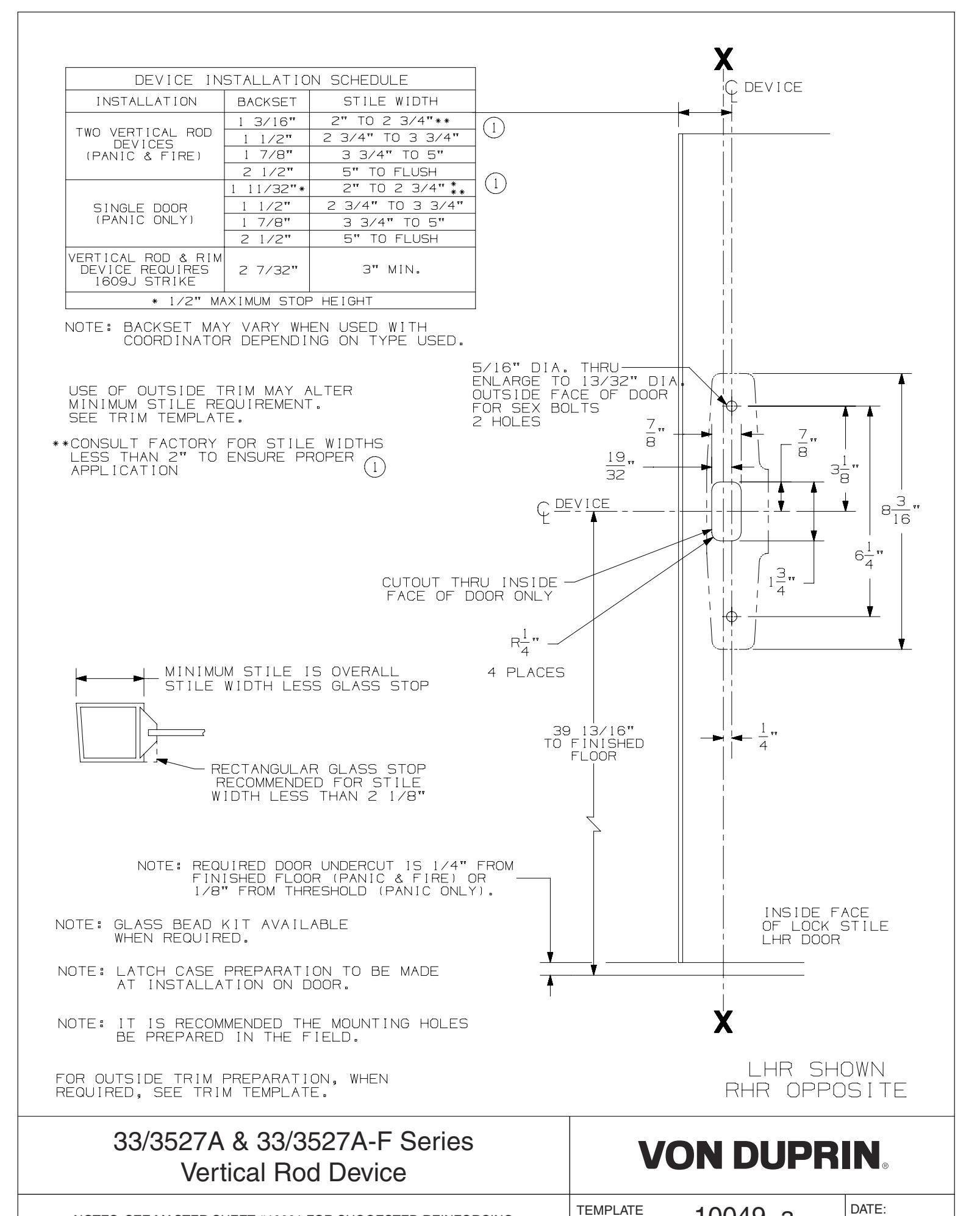 Von Duprin 3327A, 3527A, 3335A-F & 3527A-F Vertical Rod Series Metal Door Template diagram on page 1