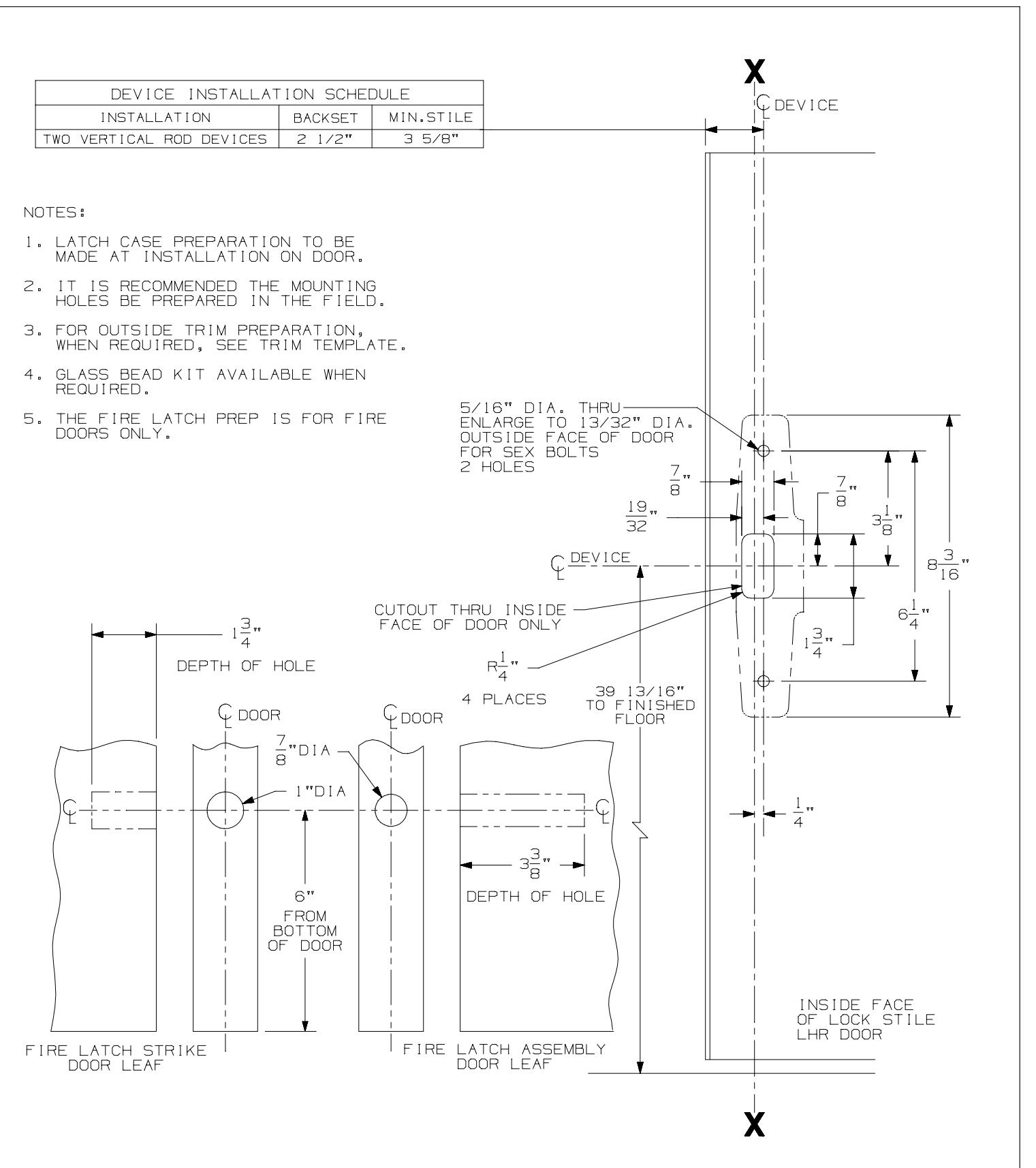 Von Duprin 3327A-F-LBR, 3527A-F-LBR Concealed Vertical Rod Less Bottom Rod Series Metal Door Template diagram on page 1
