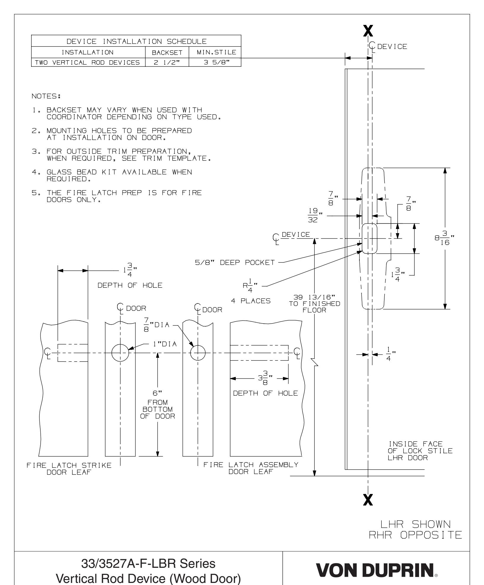 Von Duprin 3327A-F-LBR, 3527A-F-LBR Series Vertical Rod Less Bottom Rod Device Wood Door Template diagram on page 1