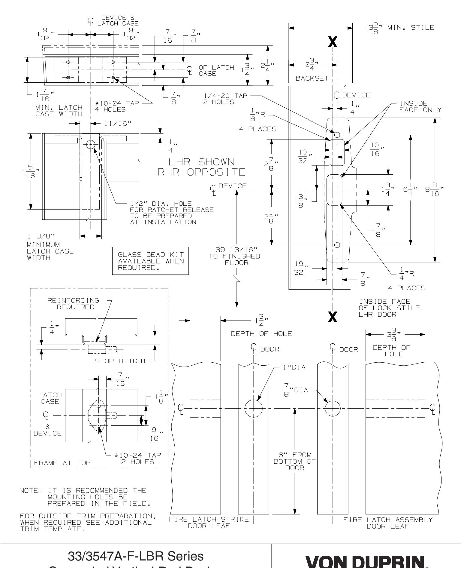 Von Duprin 3347A-F & 3547A-F Concealed Vertical Rod Fire Less Bottom Rod Series Metal Door Template diagram on page 1