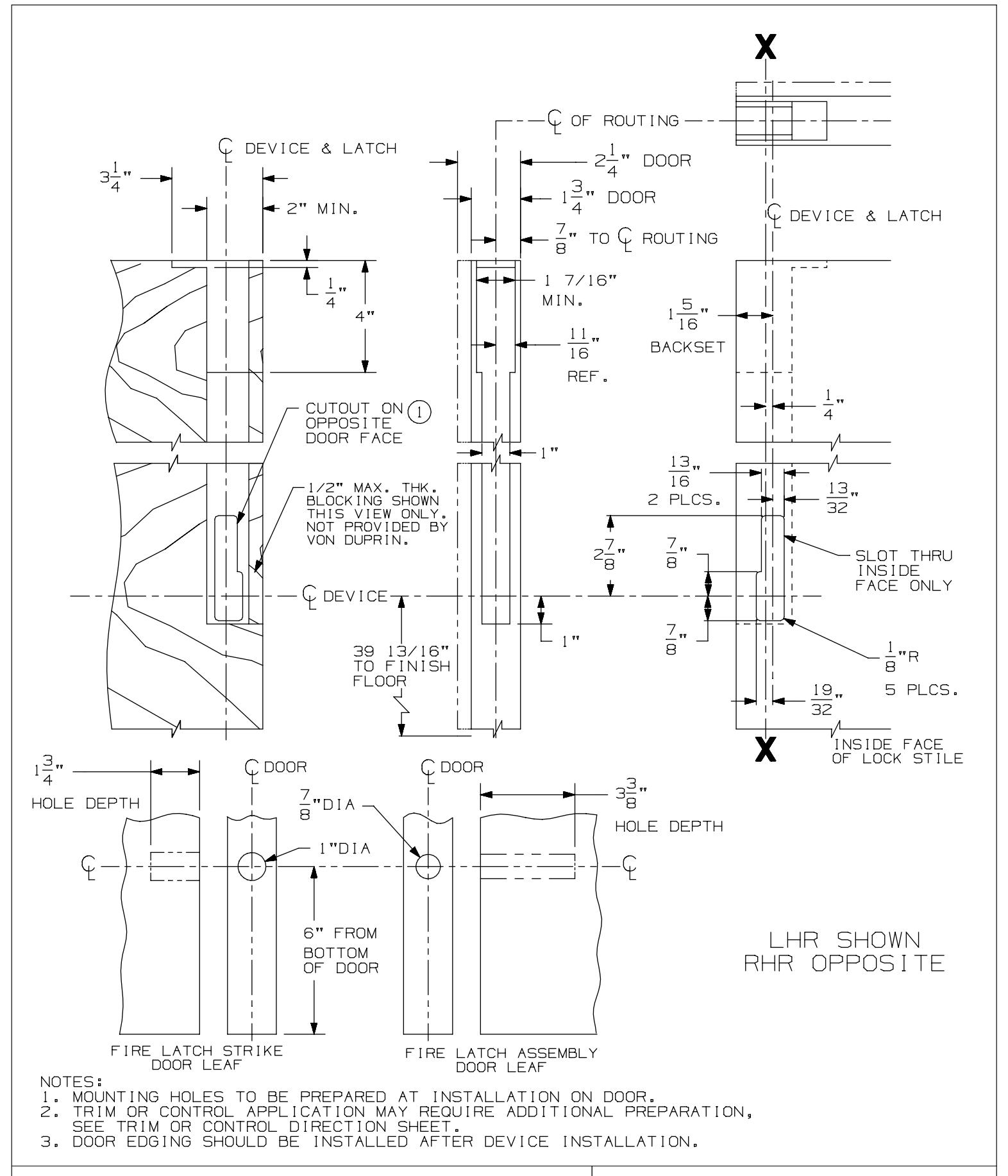 Von Duprin 3347A-F-LBR, 3547A-F-LBR Series Concealed Vertical Rod Less Bottom Rod Device Wood Door Template diagram on page 1