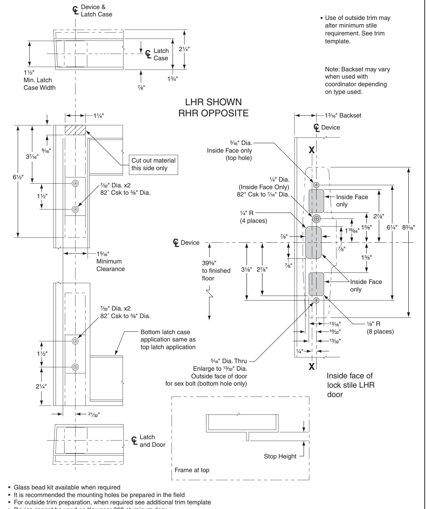Von Duprin 3349A, 3549A Concealed Vertical Cable Aluminium (2 inch stile) Door Template diagram on page 1