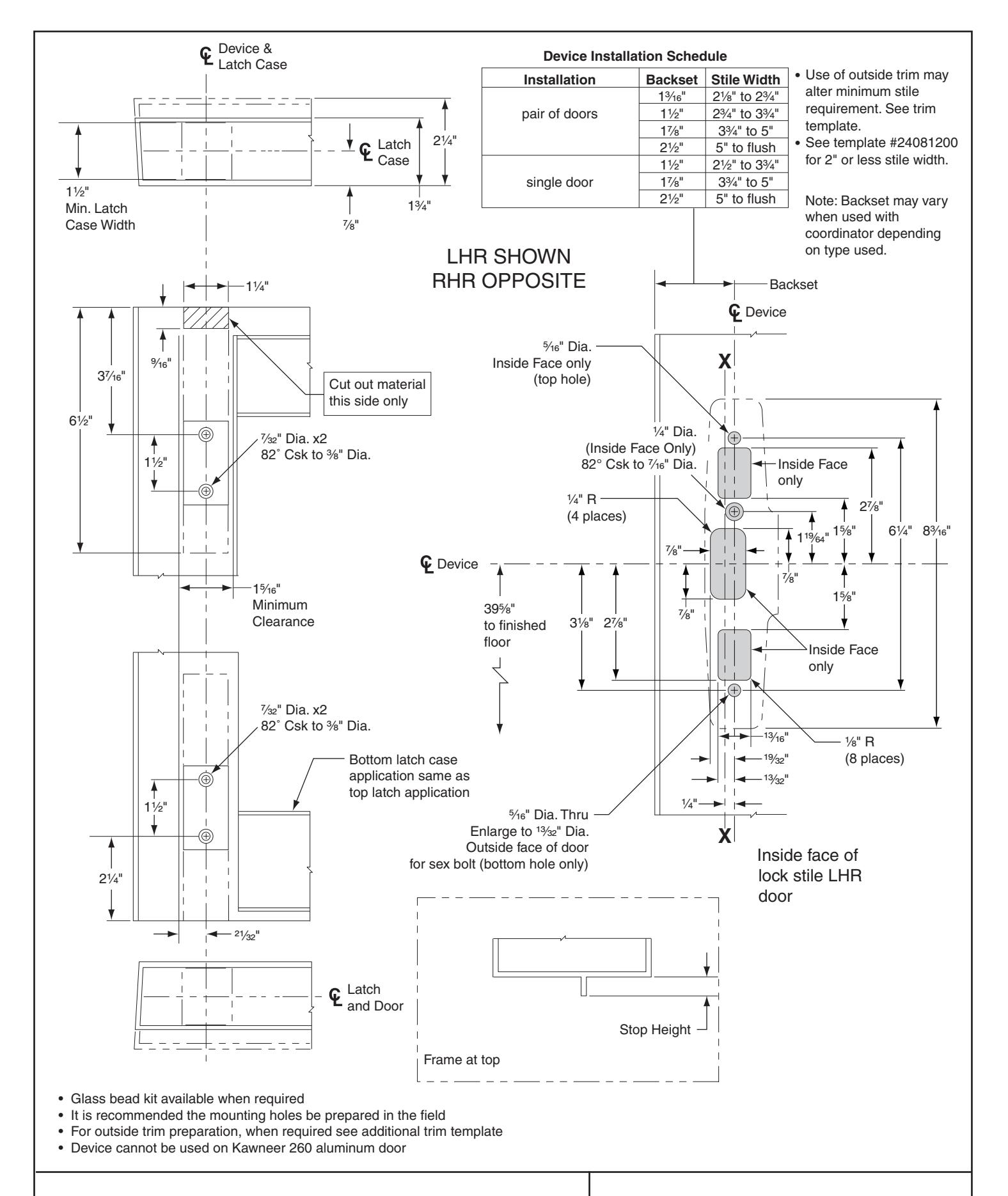 Von Duprin 3349A, 3549A Concealed Vertical Cable Aluminium Door Template diagram on page 1
